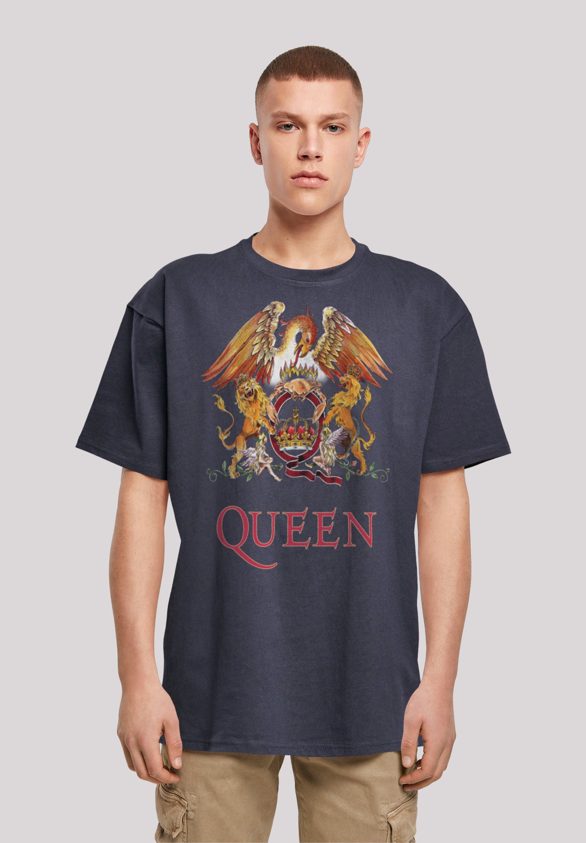 F4NT4STIC Crest Black T-Shirt Rockband Queen navy Print Classic