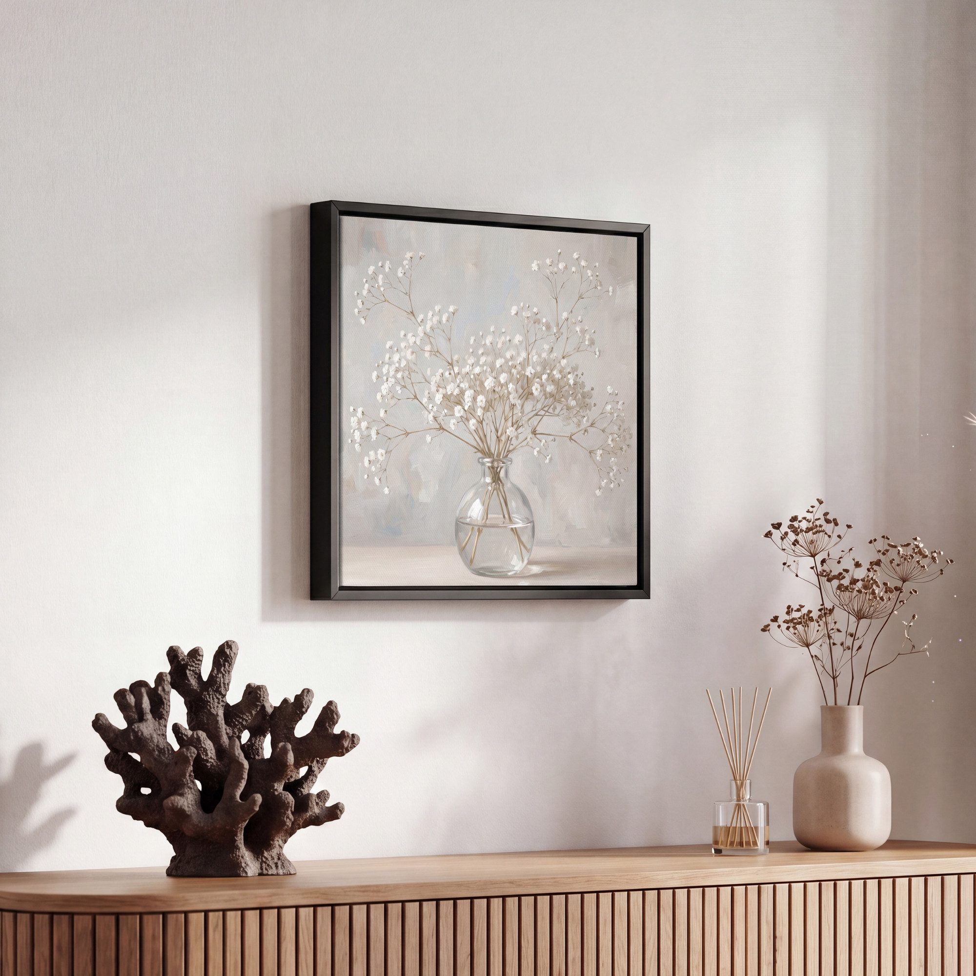 OneMillionCanvasses® Leinwandbild mit Rahmen - Vase - Gipskraut - Weiß, Fotodruck (1 St), Leinwand Bilder Klein, Wand Dekoration Aesthetic 20x20cm – Bild 5 von 5