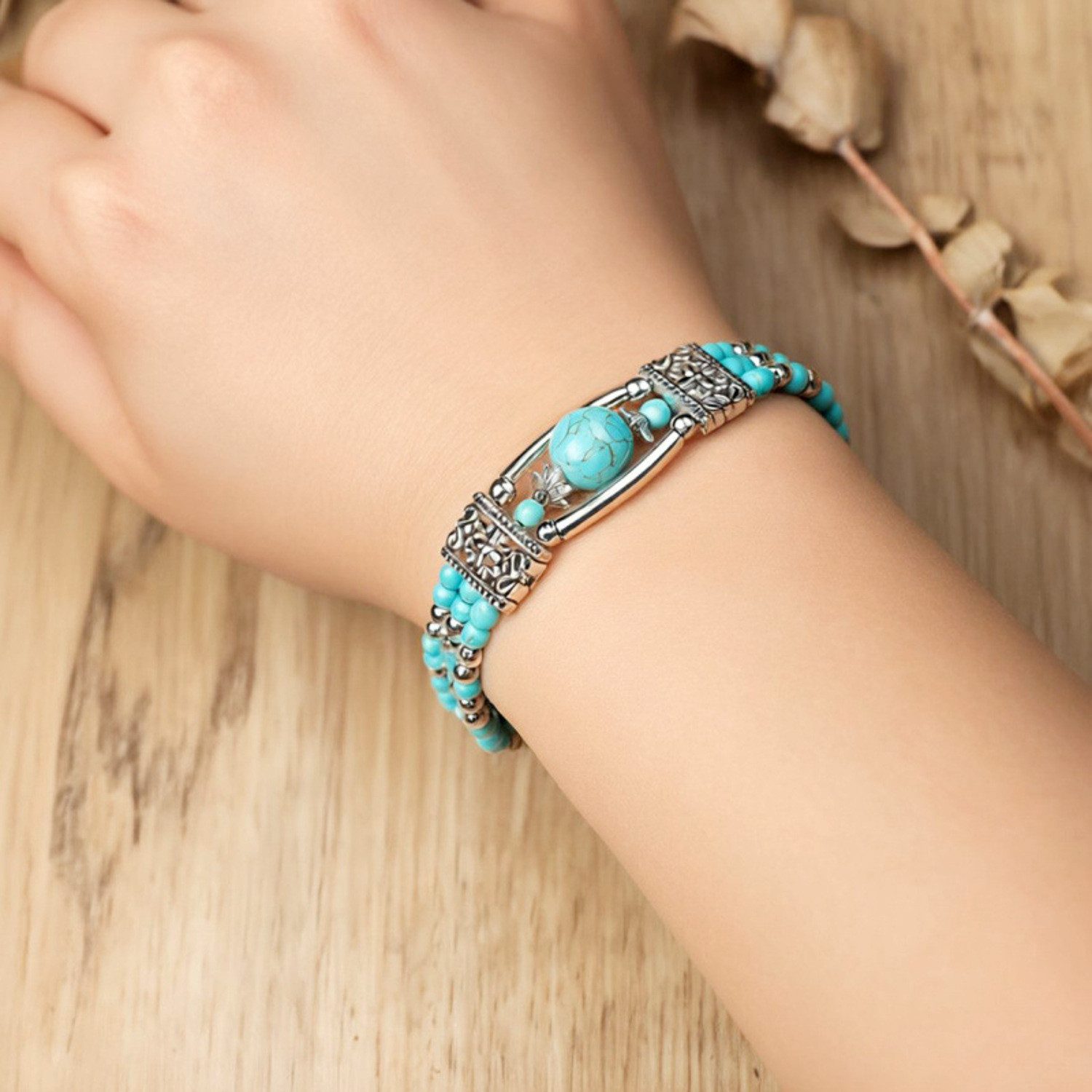 KARMA Armband Damen Vintage Boho Altsilber Türkis 6 cm (1-tlg., Schmuck für Frauen Metall Naturstein), Damenarmband Silber Karabinerverschluss – Bild 3 von 5