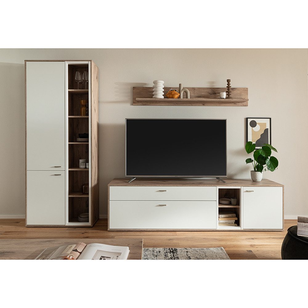 Lomadox Wohnwand SAGUNTO-05, (3-St., Vitrine Wandboard Lowboard), in Eiche und weiß, mit Softclose-Funktion