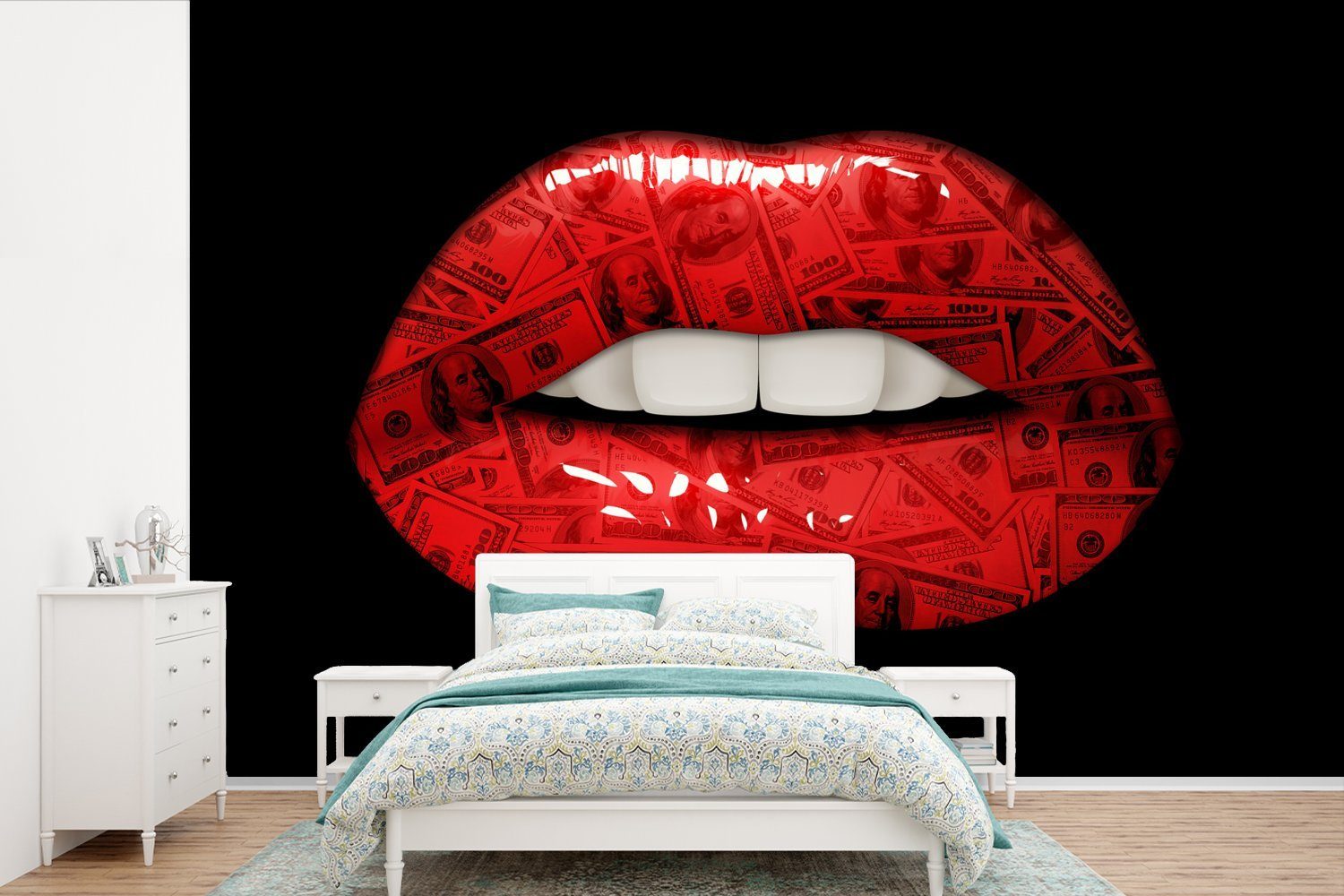 MuchoWow Fototapete Lippen - Geld - Rot, Matt, bedruckt, (6 St), Wallpaper für Wohnzimmer, Schlafzimmer, Kinderzimmer, Vinyl Tapete