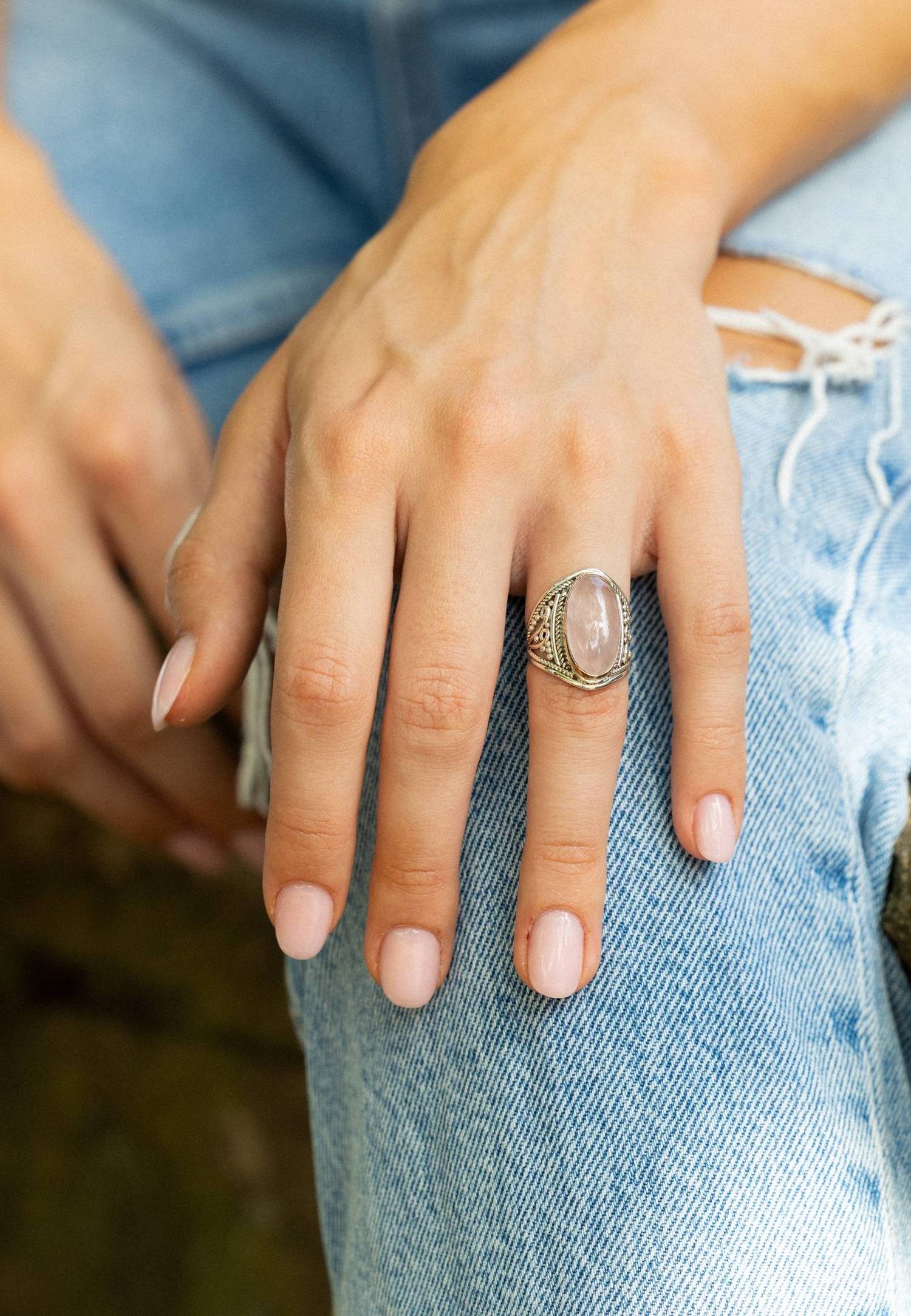mantraroma Silberring DAHAB oval groß aus 925 Silber mit Rosenquarz (Ring mit Schmuckbeutel), Damenring aus 925er Silber