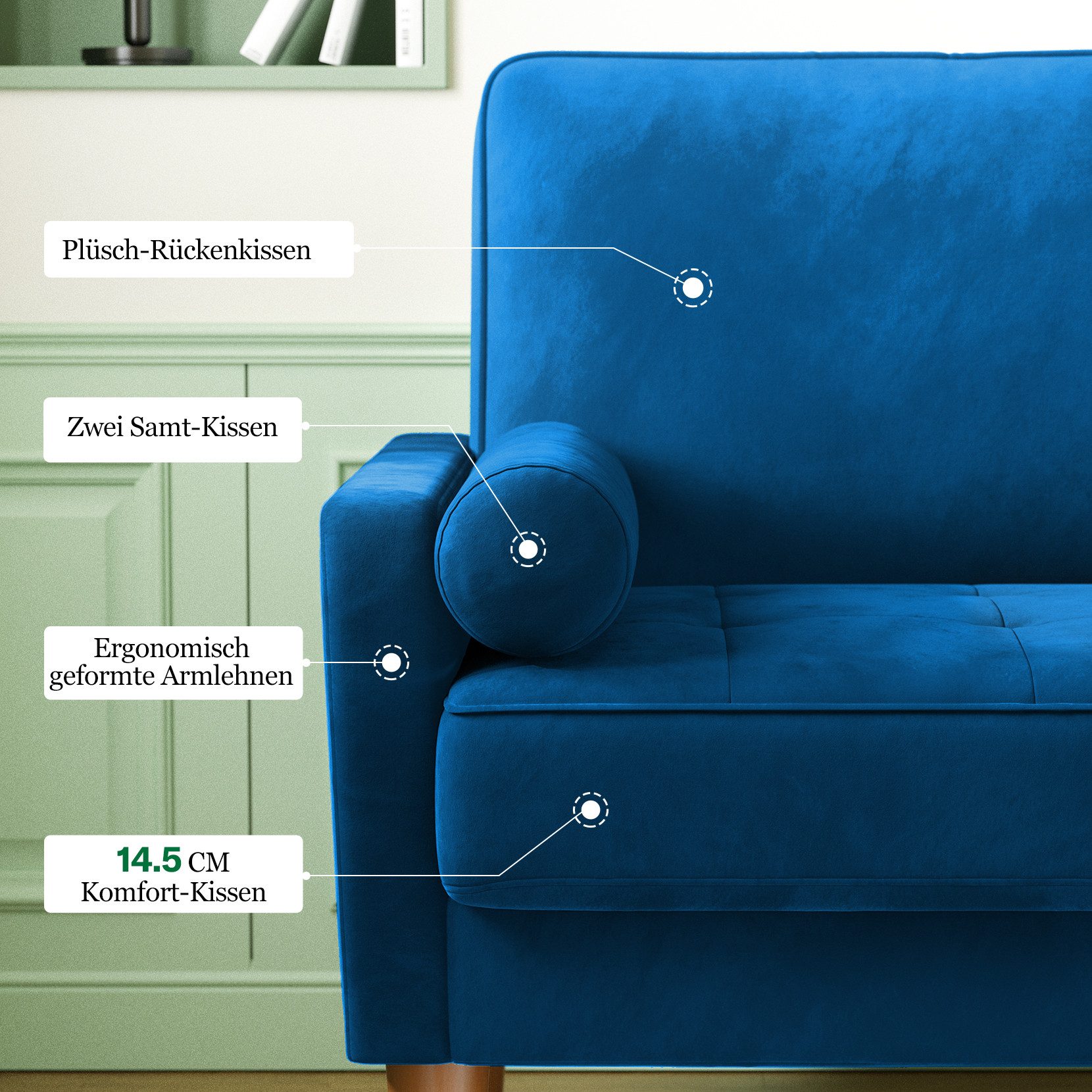 OUNUO Sofa 121cm Kleines Loveseat Sofa Couch aus Samt und Leinen mit 2 Zierkissen – Bild 4 von 5