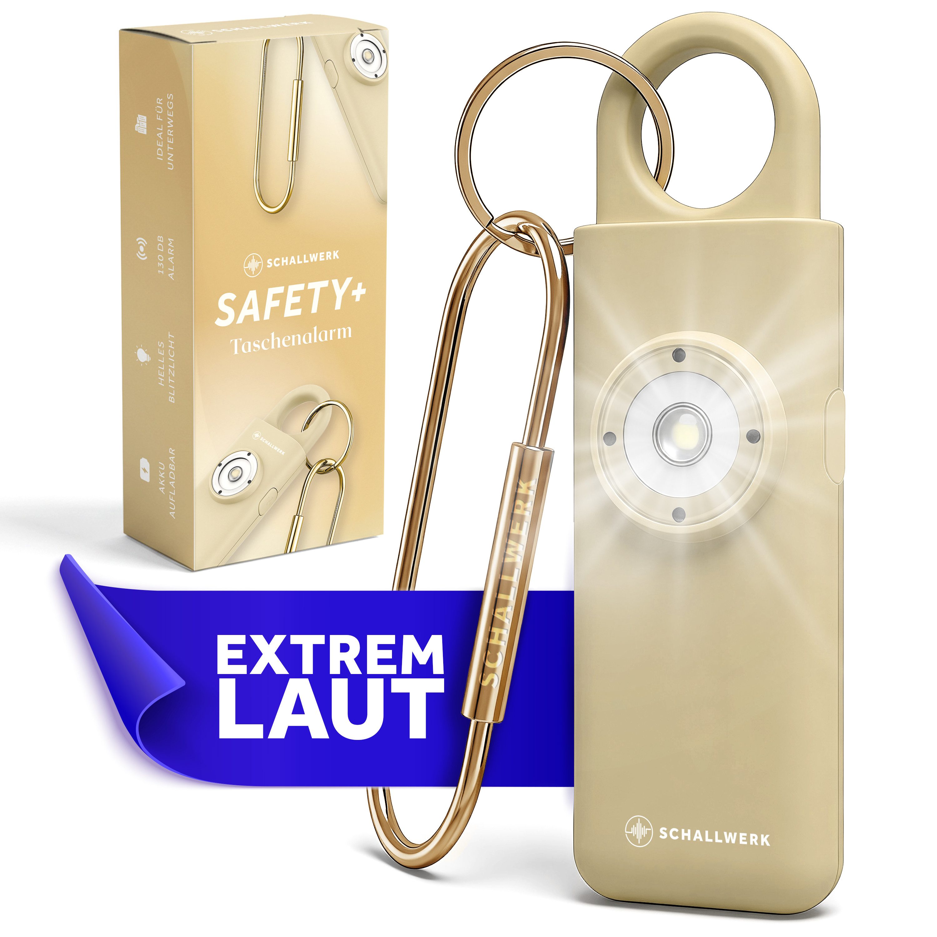 Schallwerk Taschenanhänger Taschenalarm für Selbstverteidigung & Sicherheit Lauter Alarm, LED-Stroboskoplicht, Schlüsselanhänger, für Frauen