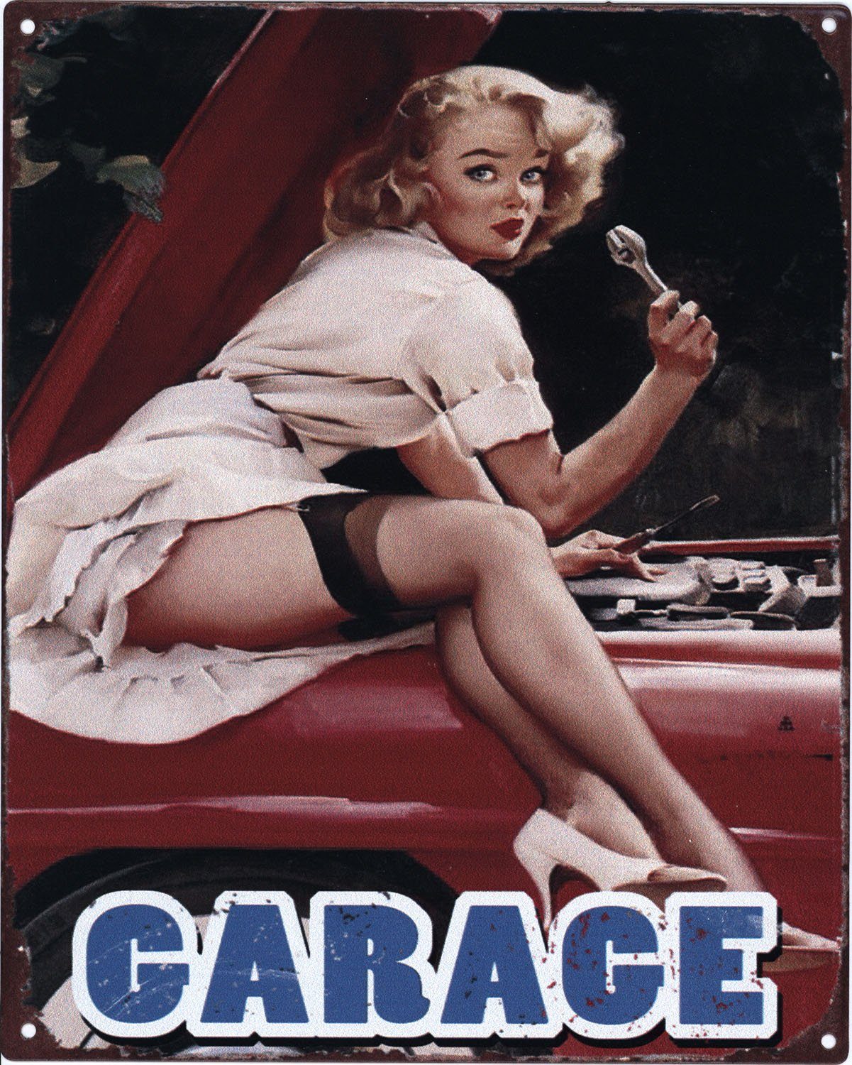 Metallschild Blechschild Garage Frau Mechanikerin