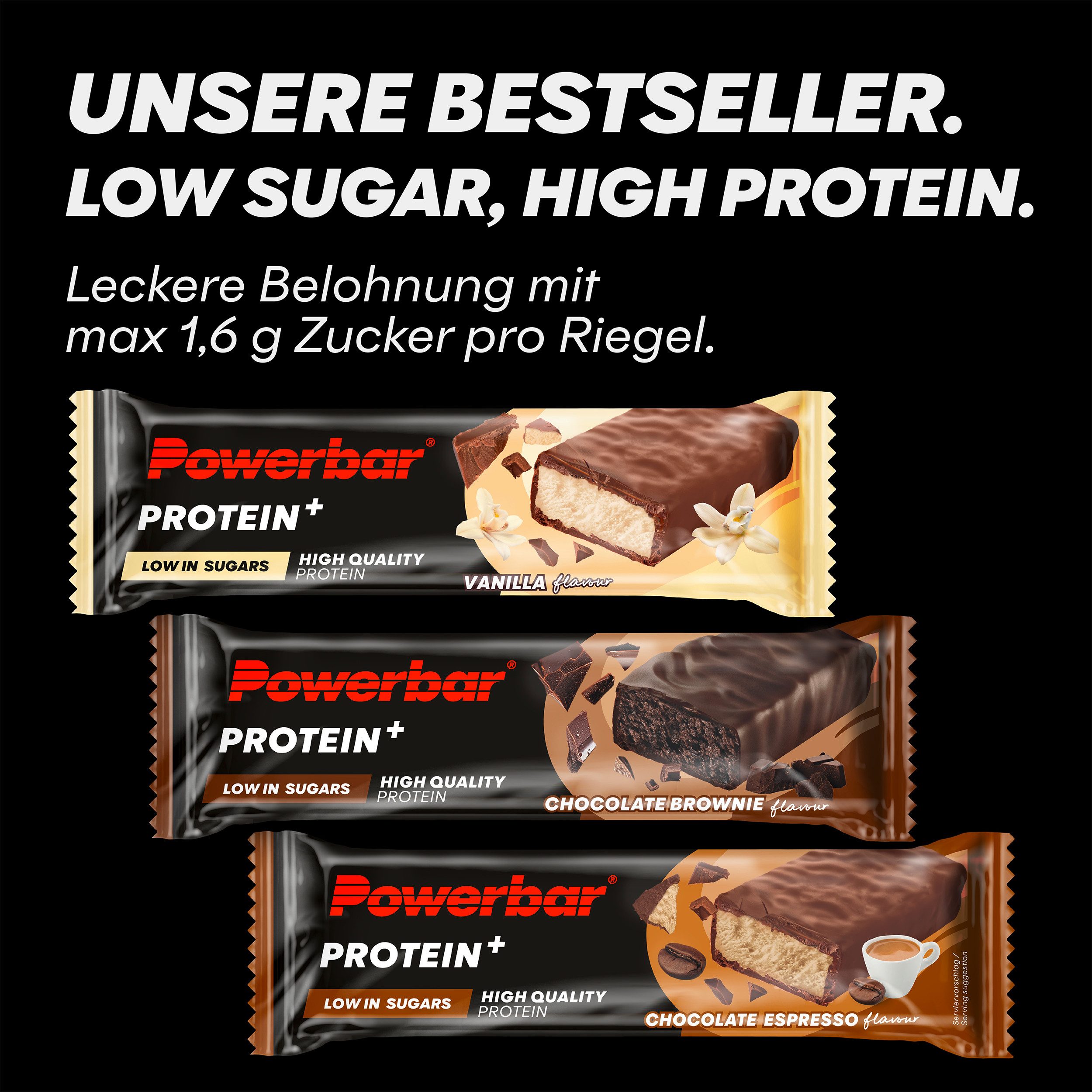 PowerBar Protein Plus Low Sugar Chocolate-Brownie 30x35g Fitnessriegel Riegel, 30 er Display à 30 St., 1050 g, Hochwertiges Eiweiß, bis zu 11 Gramm