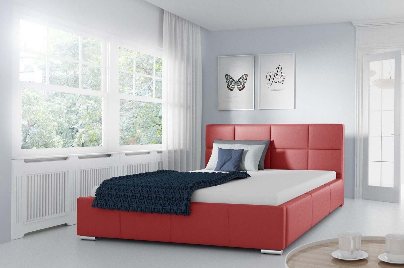 JVmoebel Lederbett, Doppel Bett Gepolsterte Design Luxus Möbel 200x200 Bettrahmen Rot