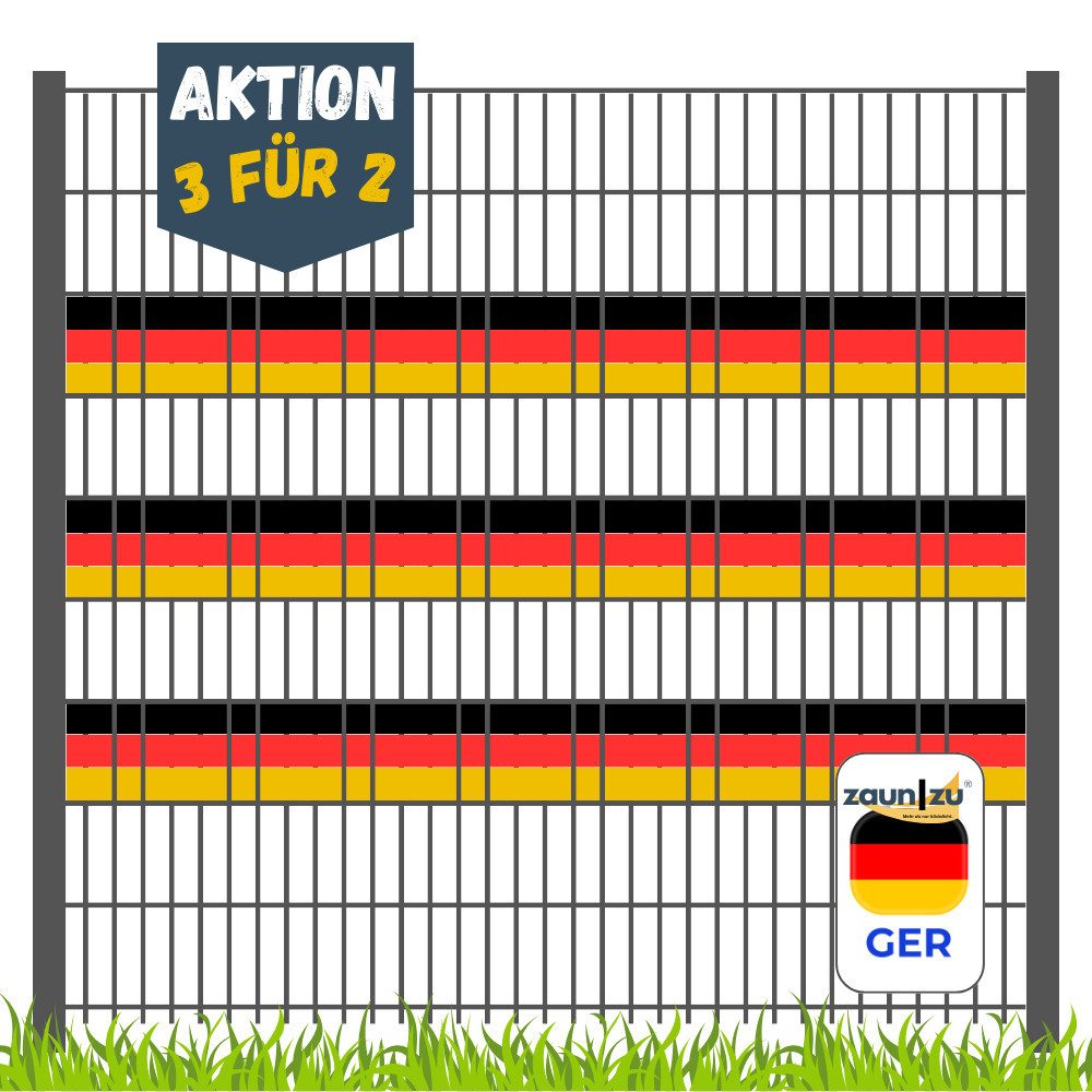zaunzu Sichtschutzstreifen WM 2026 Deutschland für Doppelstabmatten Akzentstreifen 3 für 2, (1 Fan Set, PP Laserstreifen Zaun), Deutschland Landesfarbe