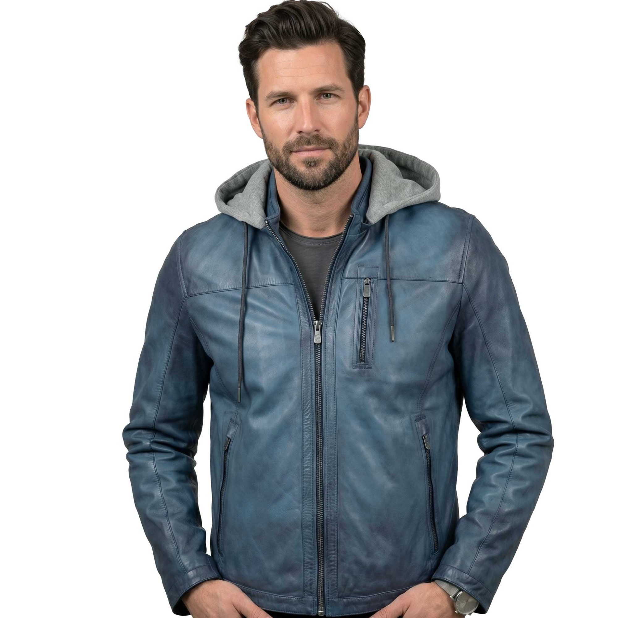 Jilani Lederjacke Cody Jilani - Herren Lederjacke Kapuze Lammnappa blau
