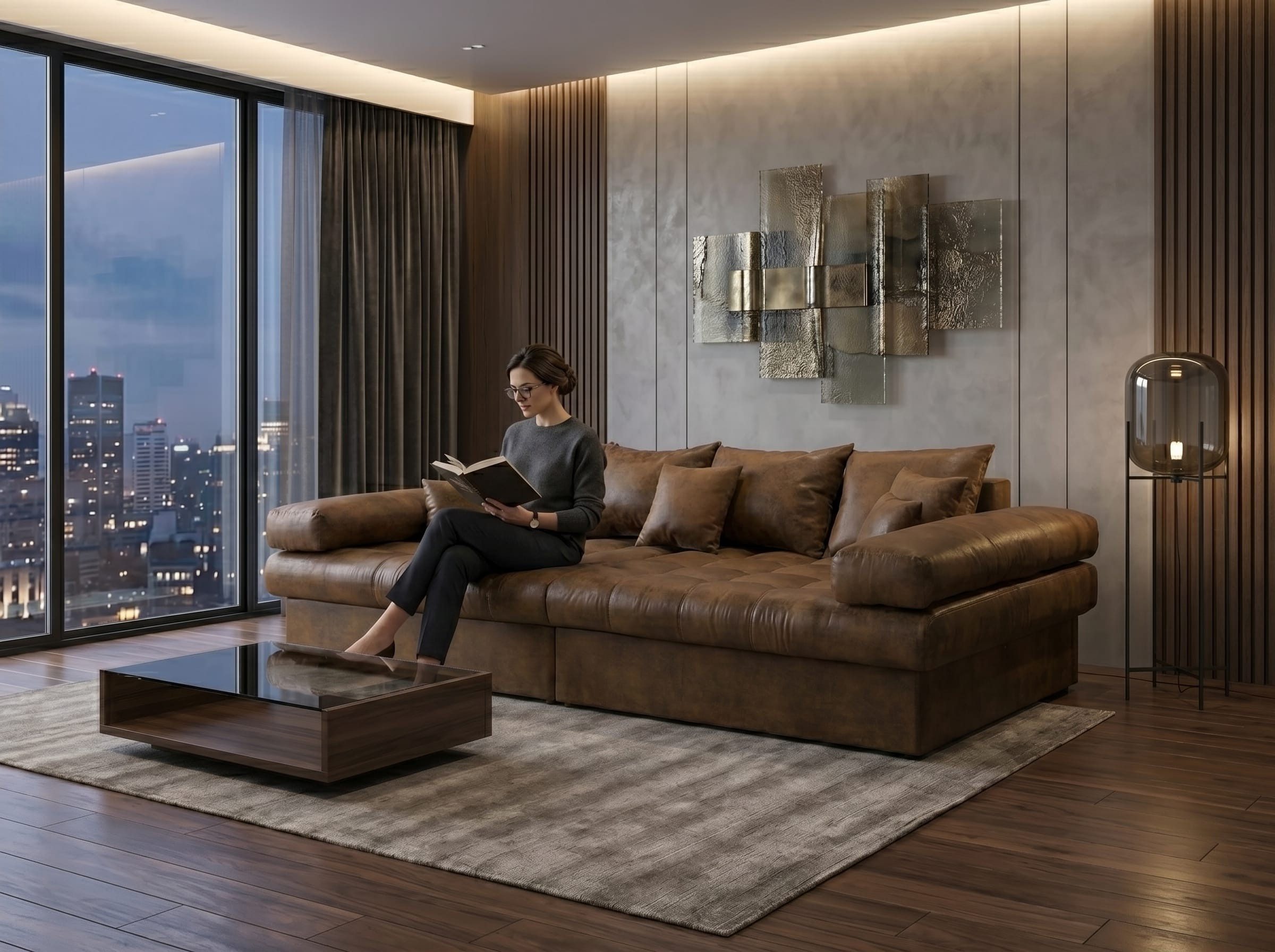 Xlmoebel Big-Sofa Luxuriöses braunes Kunstleder-Sofa für 5 Personen im Wohnzimmer, 1 Teile, Made in Europa