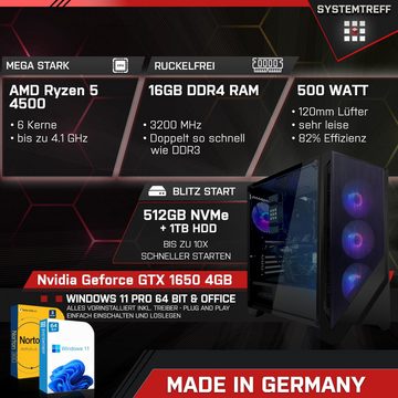 SYSTEMTREFF Basic Gaming-PC (AMD Ryzen 5 4500, GeForce GTX 1650, 16 GB RAM, 1000 GB HDD, 512 GB SSD, Luftkühlung, Windows 11, WLAN)