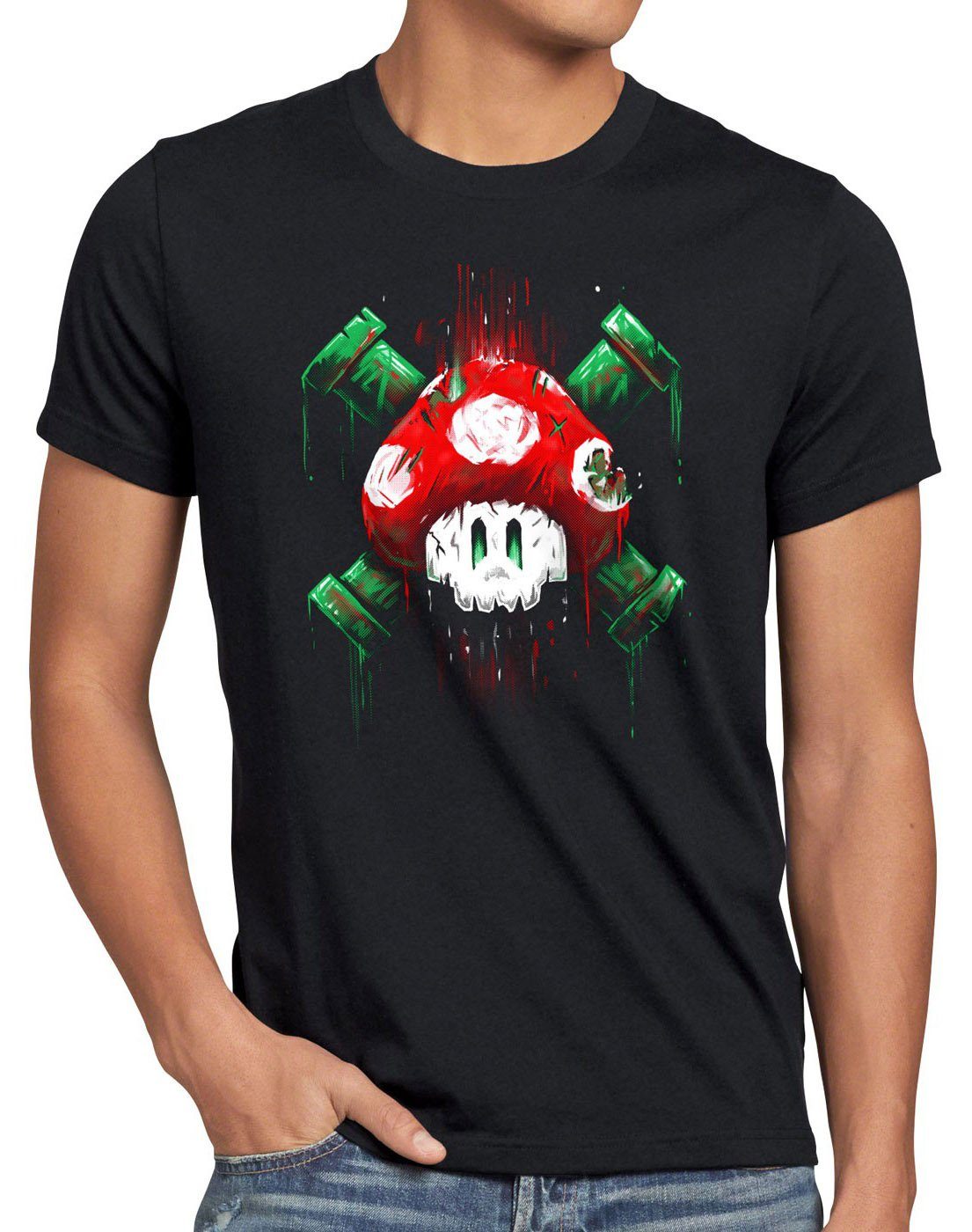 style3 Print-Shirt Herren T-Shirt Mario Totenkopf videospiel super world switch snes n64 nintendo schwarz