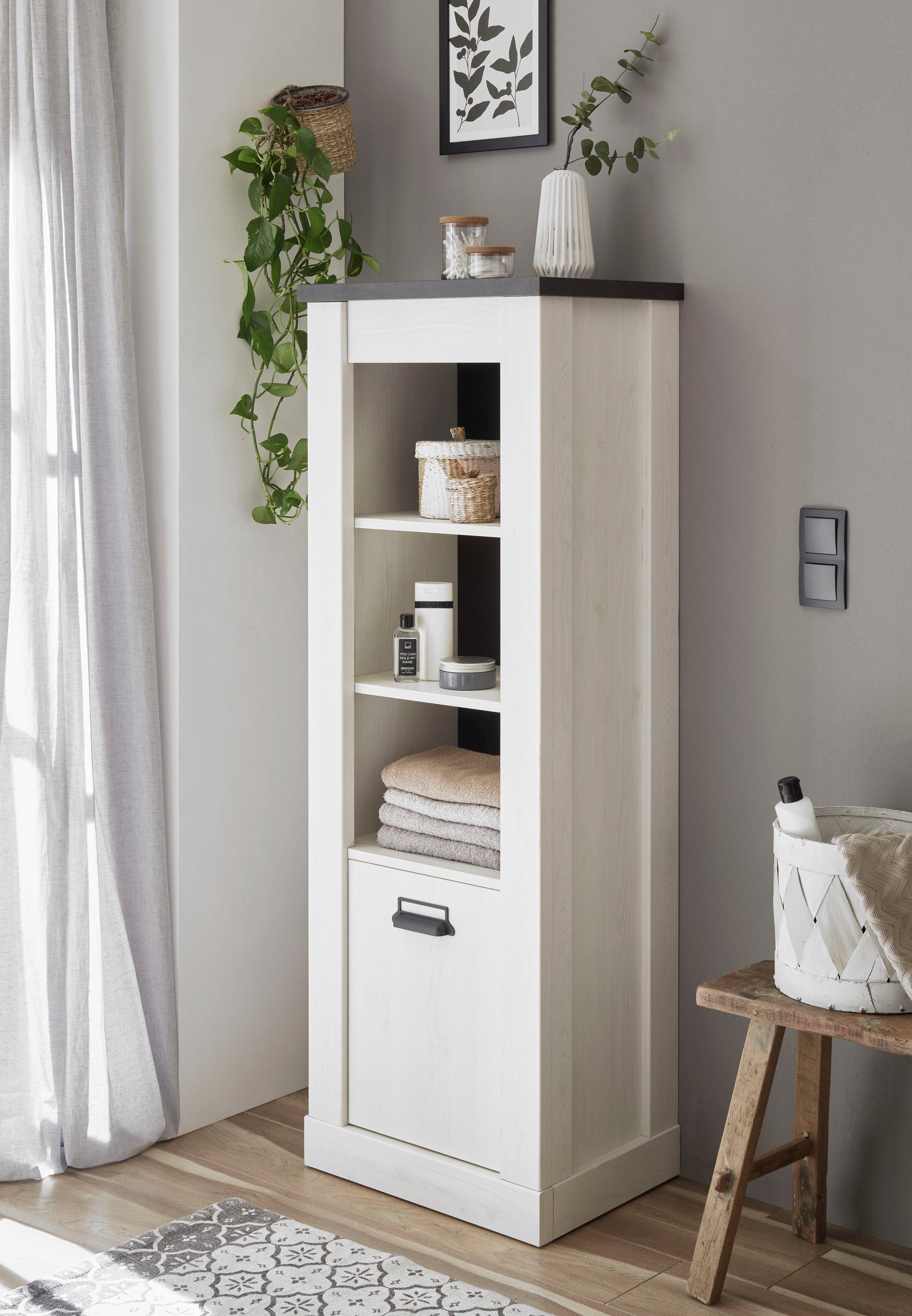 Pinie affaire modernem 146 cm Weiss Midischrank SHERWOOD aus Apothekergriffen Dekor, in Metall, Höhe Home Holz mit Dekor