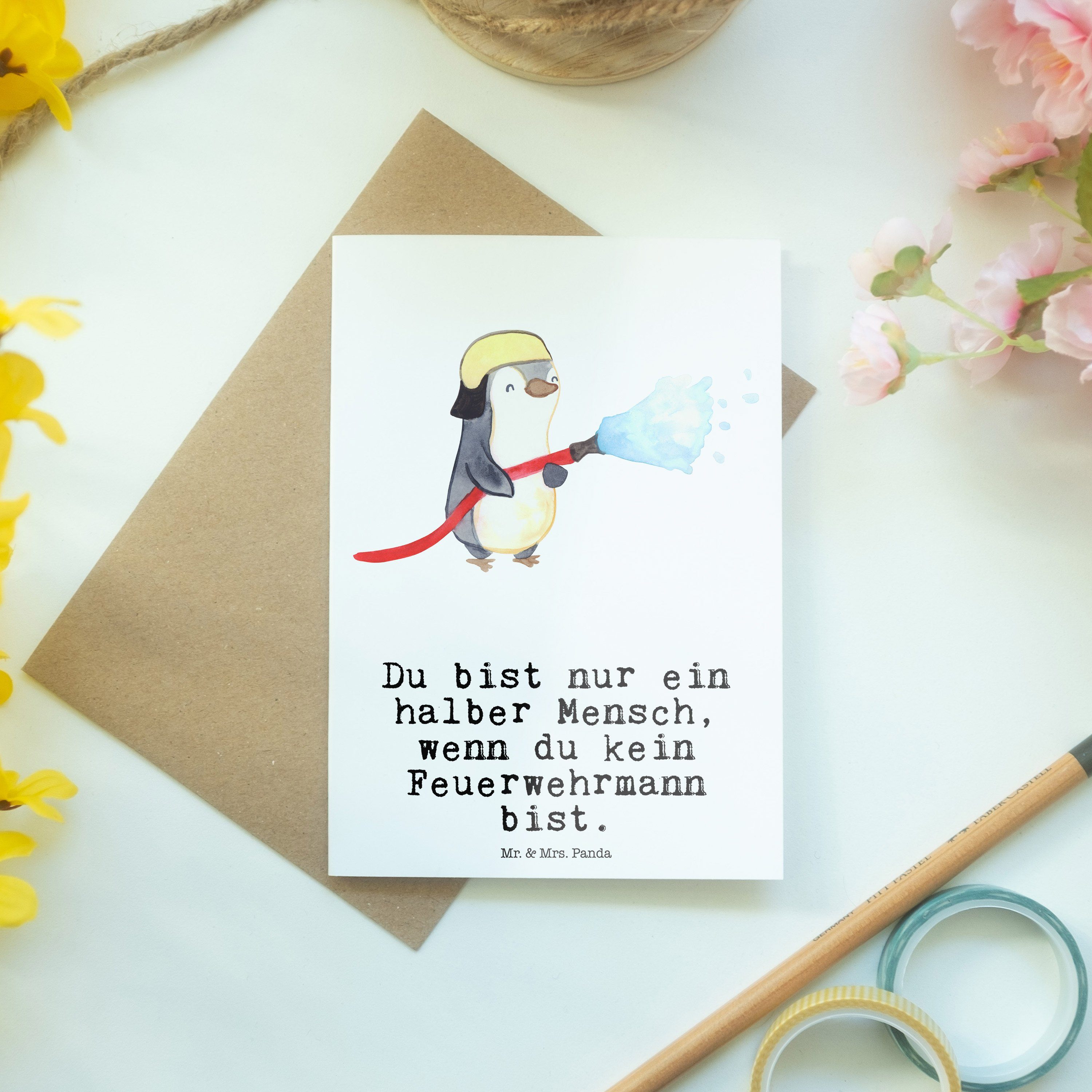 Mrs. Panda Grußkarte Weiß mit freiwillige Feuerwehrmann Mr. - Hochzeitskarte, Herz & - Geschenk,