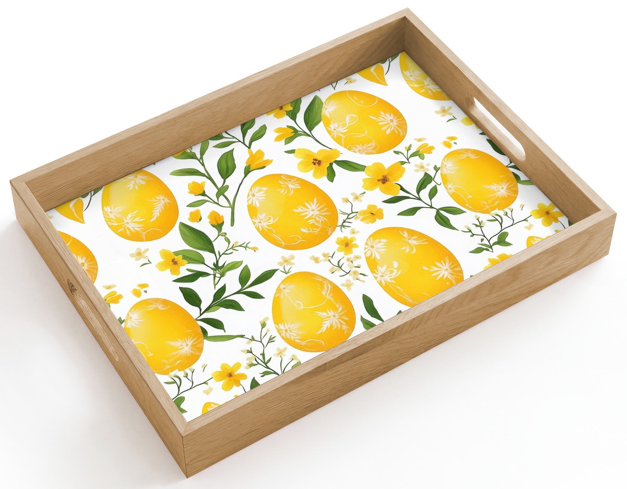 OnlyWow Tablett Rechteckig mit Henkel Blumen - Ostereier - Gelb, Eichenholz, (1-tlg), Siervierplatte, Tray, Frühstücksbrett