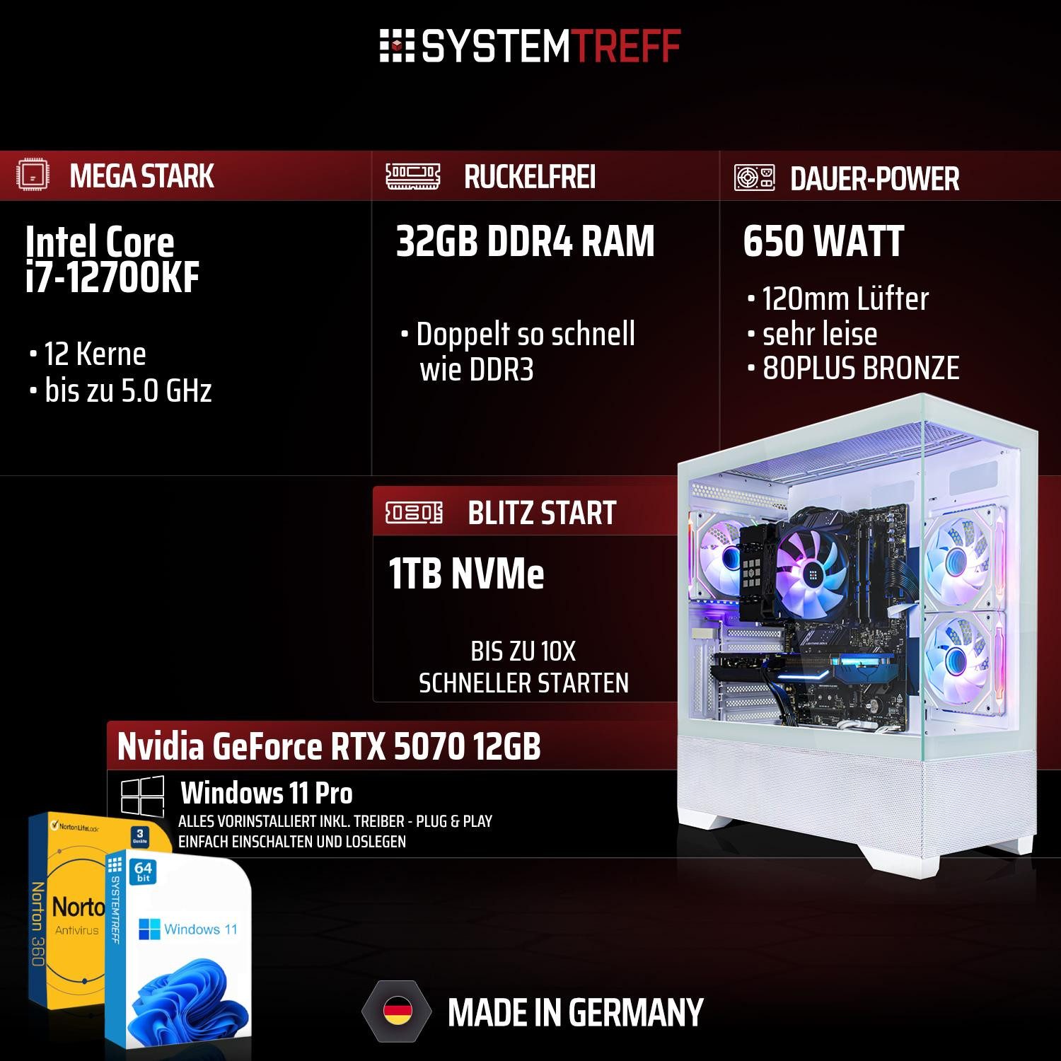 SYSTEMTREFF Intel Core i7-12700KF mit Nvidia GeForce RTX 5070 12GB Gaming-PC-Komplettsystem (27", Intel 12700KF 12700KF, Nvidia GeForce RTX 5070, 32 GB RAM, 1000 GB SSD)