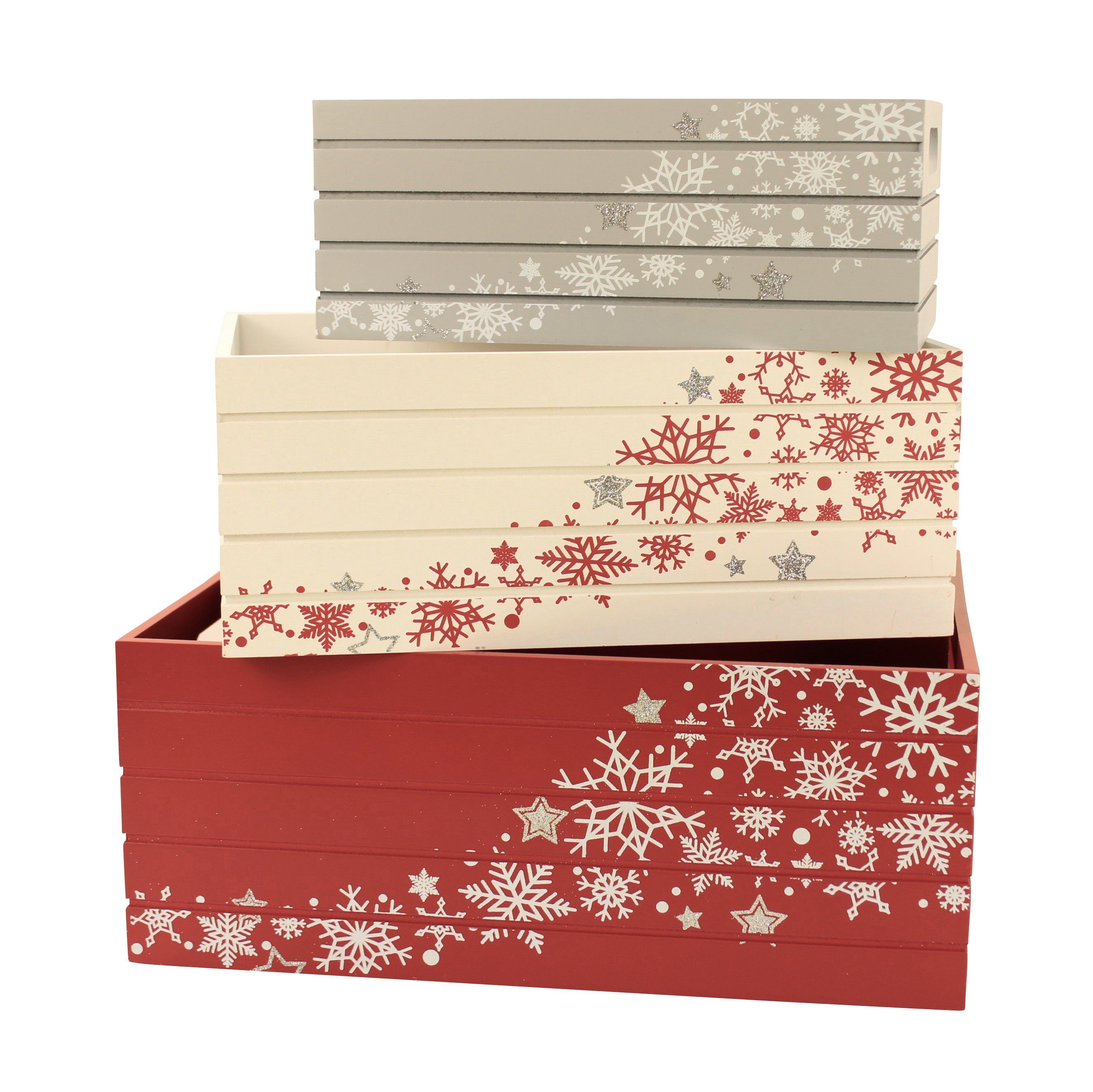 Online-Fuchs Geschenkbox 3er Set Deko Holzkisten, ideal als Geschenkverpackung zu Weihnachten - (Geschenkpapier, Geschenktüten, bedruckt mit Sternen und Schneeflocken, Weinkisten-Art)