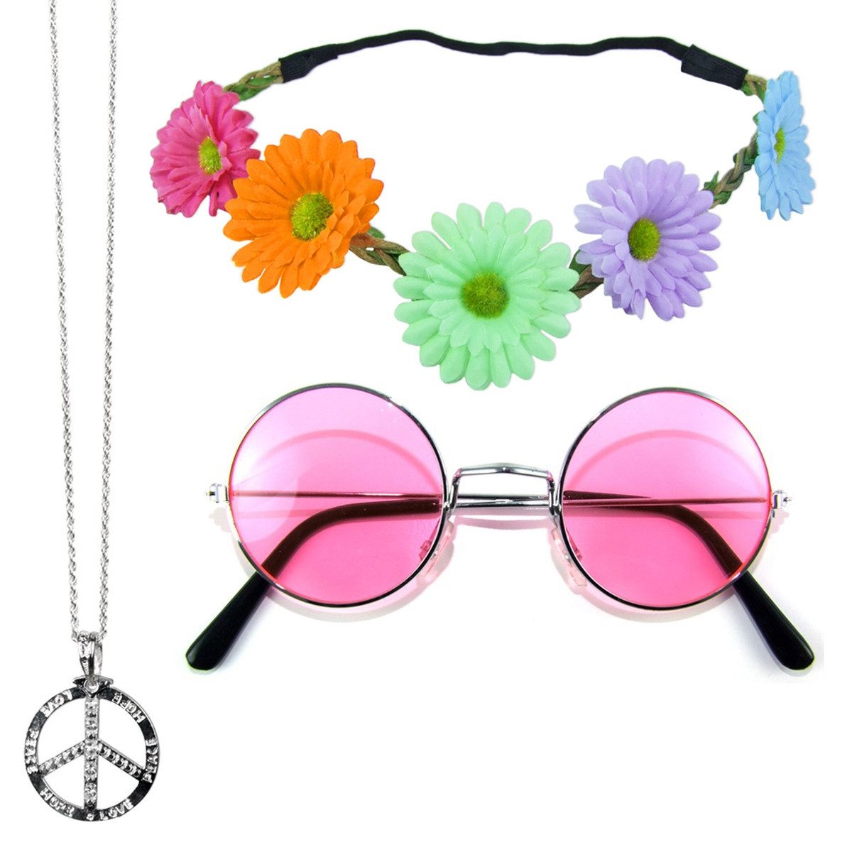 Das Kostümland Verkleidungsmaske Hippie Set 3-tlg. - Margeriten Haarband, Peace Ket