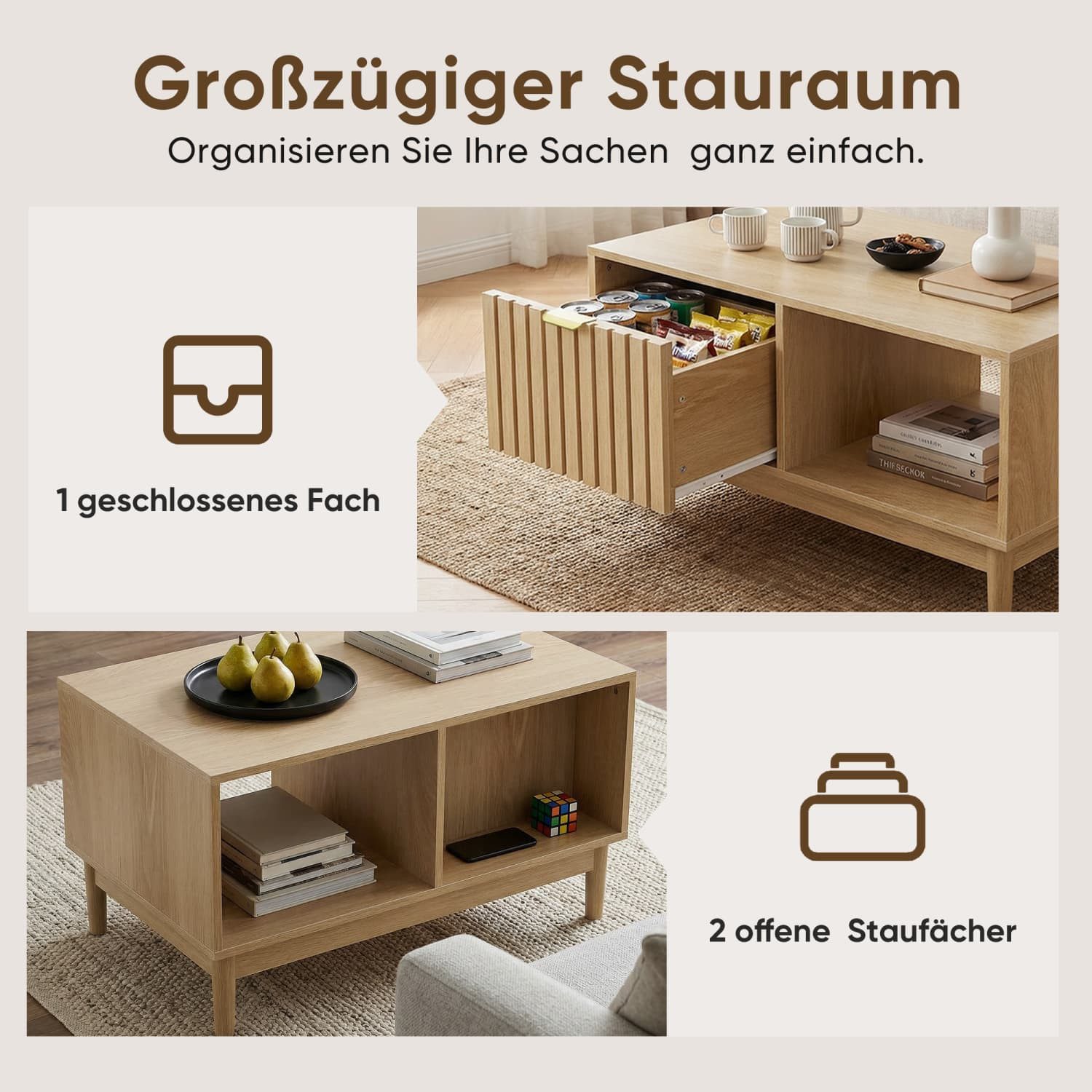 ANYSUN Couchtisch mit Schublade,offenen Stauraum,wohnzimmertisch mit MassivholzBeinen (1-St., 1 Couchtisch), mit Leichtgängige Gleitschiene,80x50x45cm,80kg Tragfähigkeit