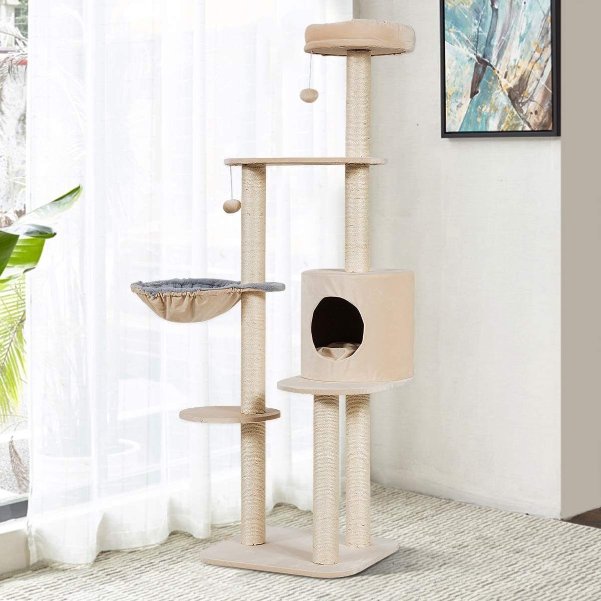 COSTWAY Kratzbaum »144cm Katzenbaum, Katzenmöbel, Kletterbaum«, mit ... - Beige