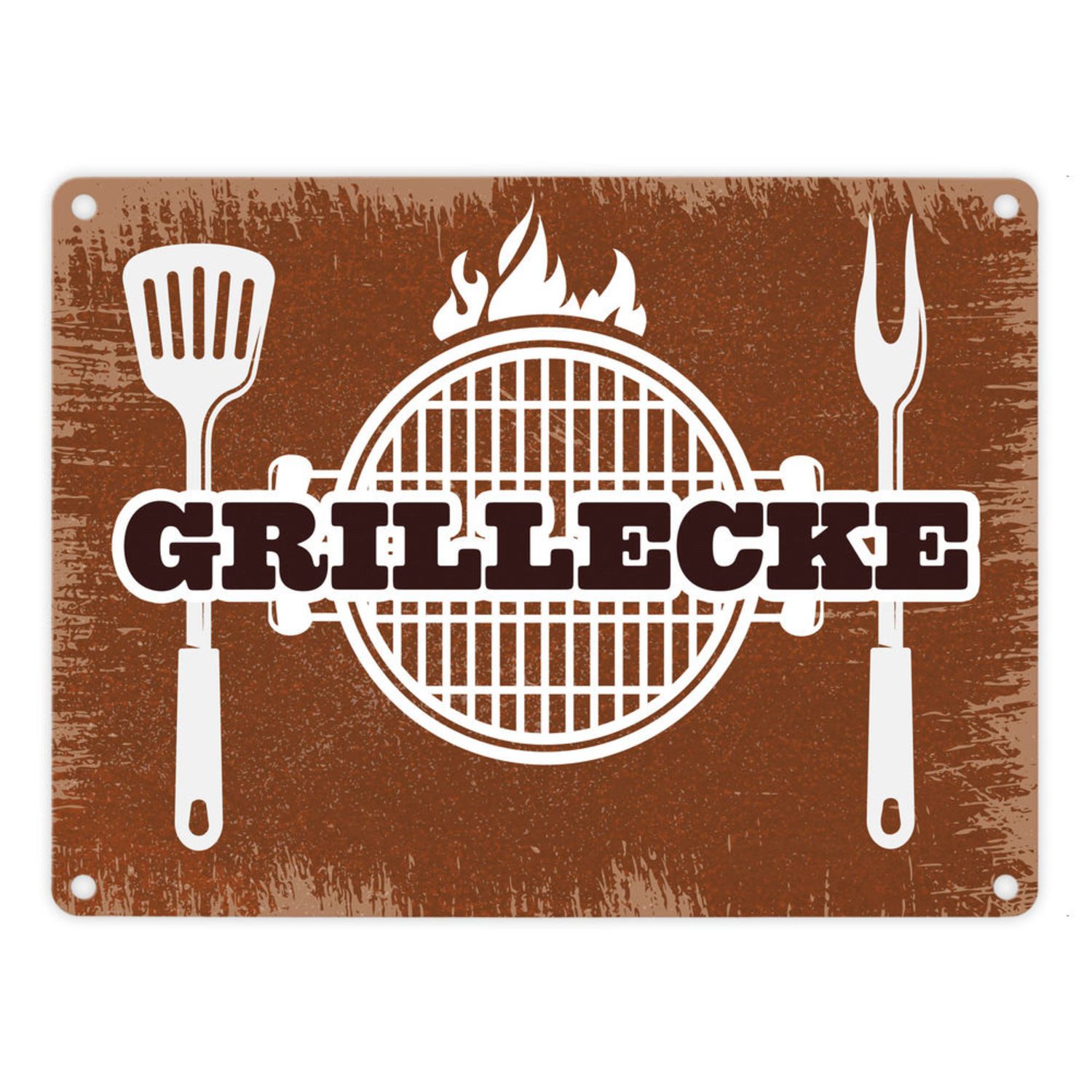 Metallschild Grillecke Metallschild mit coolem Grillmotiv auf rostbraunem