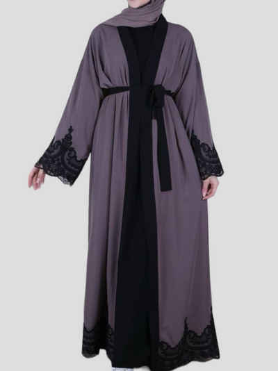 Aymasal Maxikleid Kimono Almas Abaya Kaftan Cardigan islamische Kleidung Gebetskleidung Verzierungen an den Ärmeln und am Unterteil, Mit schwarzem Gürtel