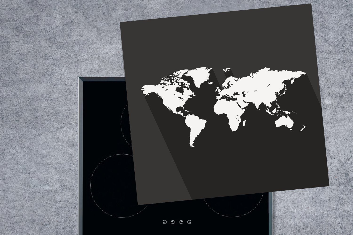 Ceranfeldabdeckung, und Arbeitsplatte (1 Vinyl, Schwarz küche Minimalismus - Weltkarte Herdblende-/Abdeckplatte für 78x78 tlg), - weiß, cm, MuchoWow