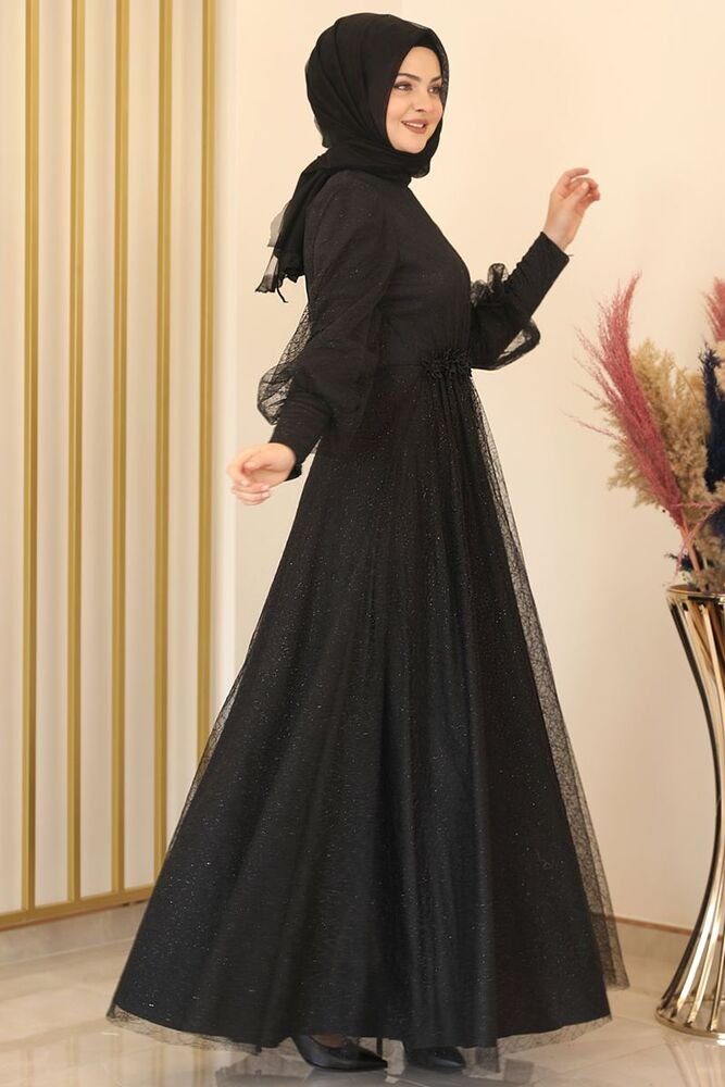 Abiye Hijab Kleid silbriges Modavitrini Abaya Schwarz Maxikleid Tüllkleid Abendkleid langärmliges