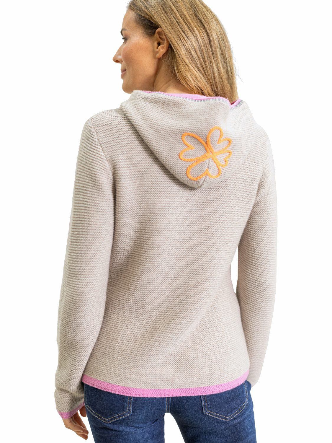 LIKS. Munich Trachtenstrickjacke TeresaC mit Kapuze, Knopfleiste & Herzblumenstickerei – Bild 4 von 5