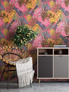 Newroom Vliestapete, Pink Tapete Floral Dschungel - Dschungeltapete Blumentapete Gelb Blau Tropisch Modern Blumen Blätter für Wohnzimmer Schlafzimmer Küche