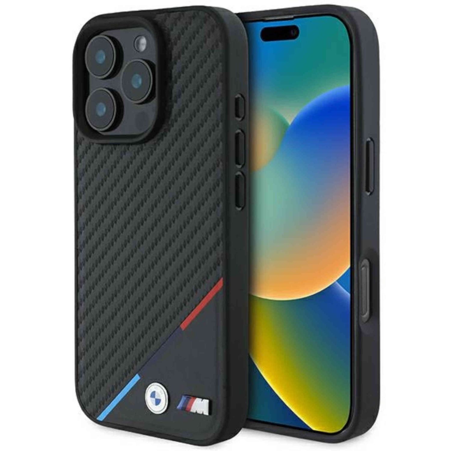 BMW Smartphone-Hülle BMW Apple iPhone 16 Pro Hardcase Carbon Tricolor Line MagSafe Schwarz