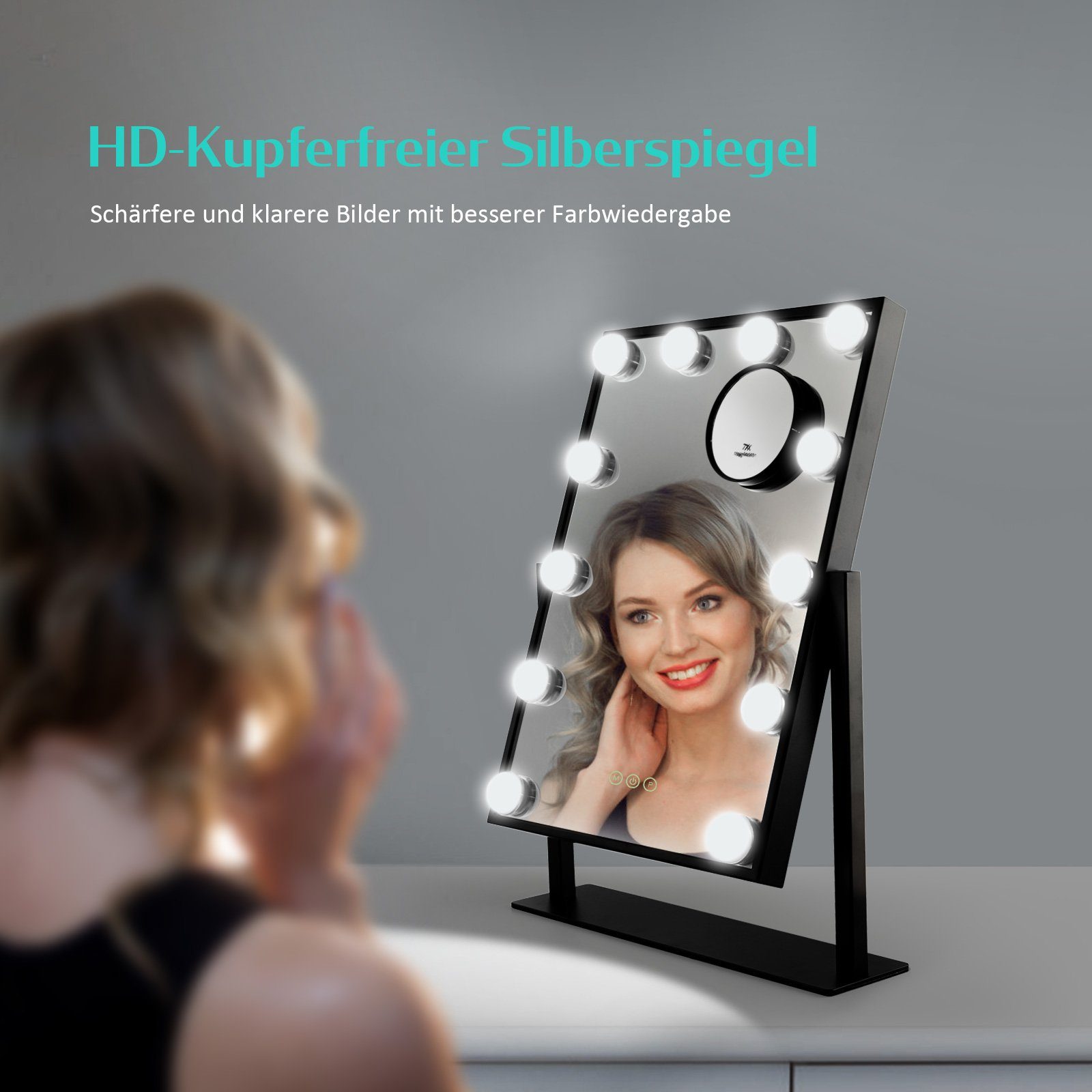 EMKE Kosmetikspiegel Hollywood LED-Leuchtmitteln Vergrößerung mit Schminkspiegel Beleuchtung, 7x Spiegel Schwarz 360° 3 Dimmbaren Drehbar Lichtfarben