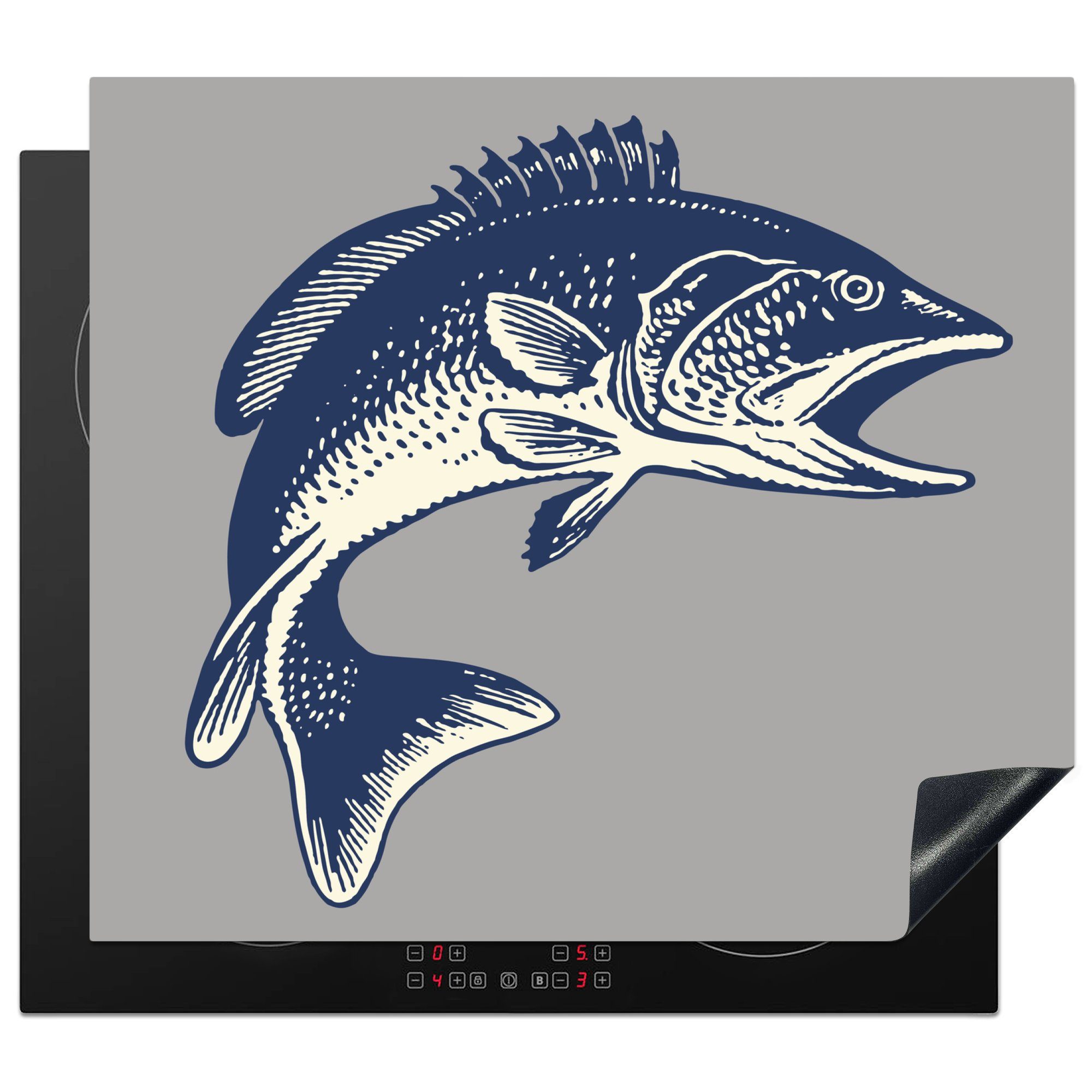 MuchoWow Herdblende-/Abdeckplatte Illustration eines Fisches auf grauem Hintergrund, Vinyl, (1 tlg), 57x51 cm, Induktionsschutz, Induktionskochfeld, Ceranfeldabdeckung