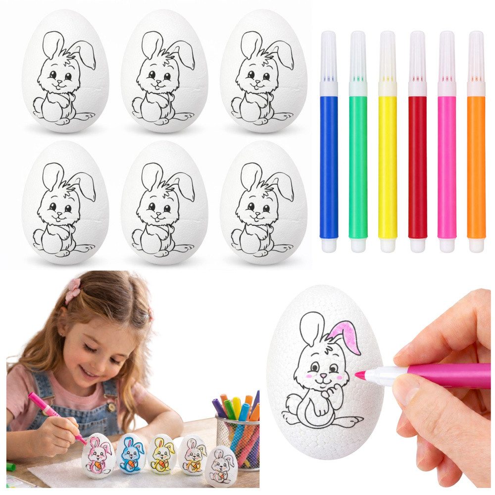LEAN TOYS Kreativset Bastelset Ostereier Malset, (Spar-Set, 6-tlg., 5,5 x 3,5 cm bemalbar), 6 Eier, 6 Filzstifte, Hasenmotiv, bemalbar