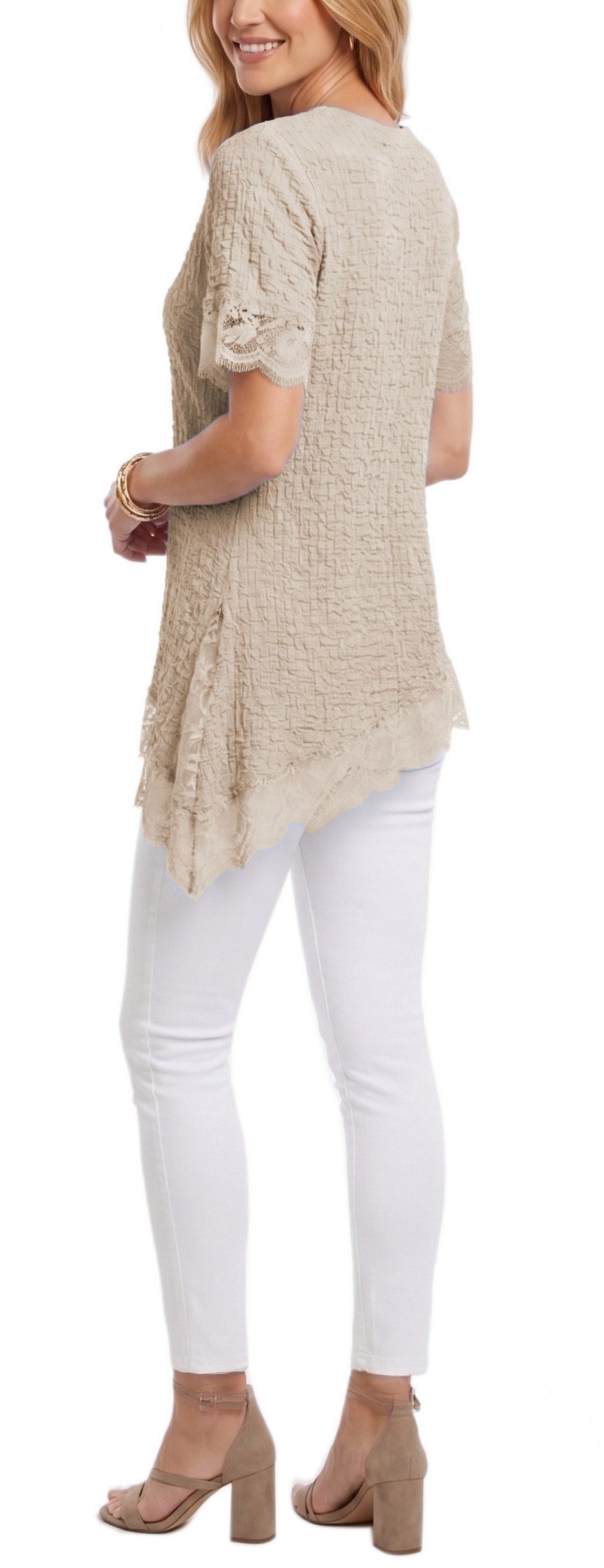 dy_mode Longtunika Damen Longshirt mit Spitzen Kurzarm Tunika in Knitter-Optik Oberteil in Unifarbe, Knitter-Optik, asymmetrisch mit Spitzen-Saum