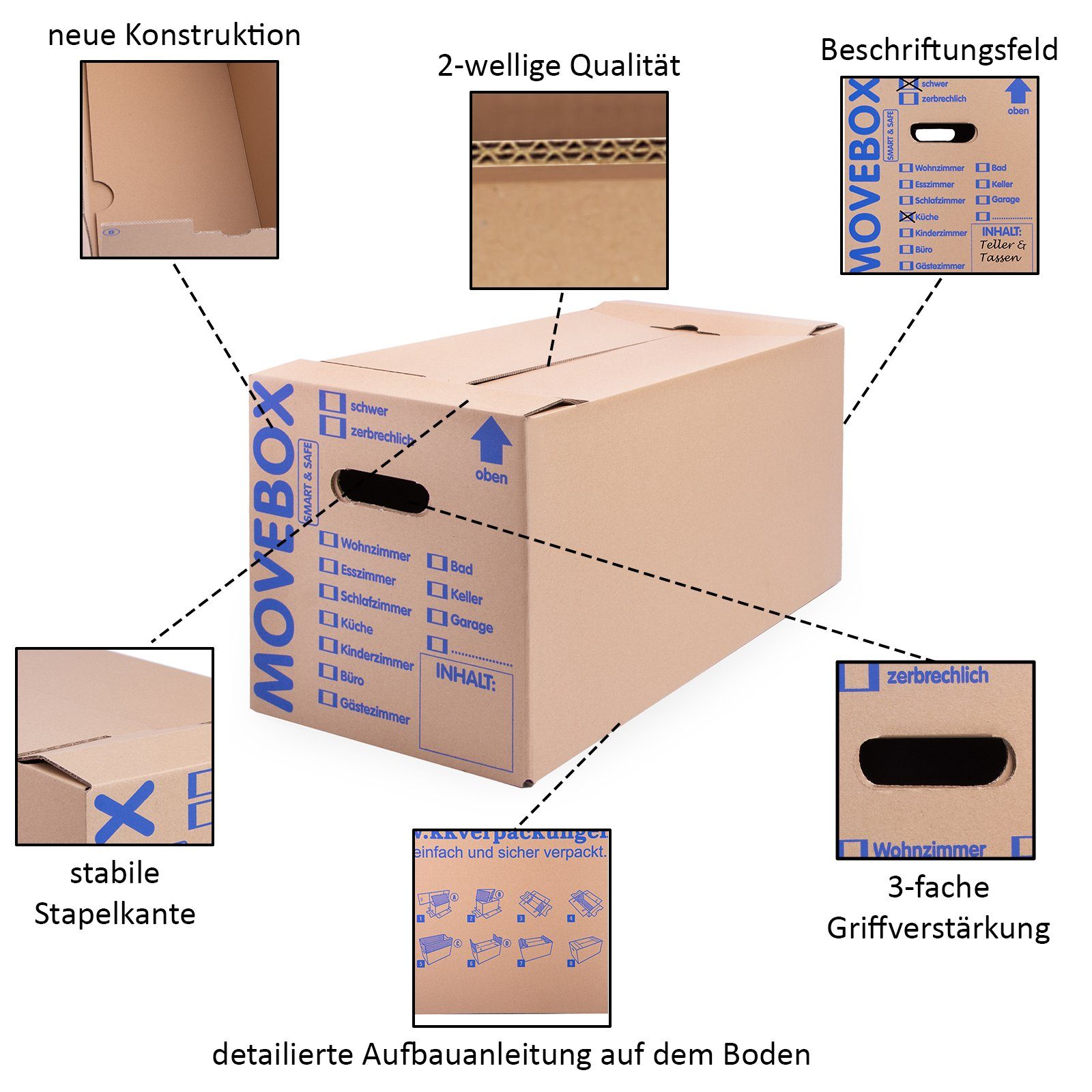 KK Verpackungen Umzugskarton, 120 Umzugskartons Movebox Smart & Safe Umzugskiste 30 kg Braun