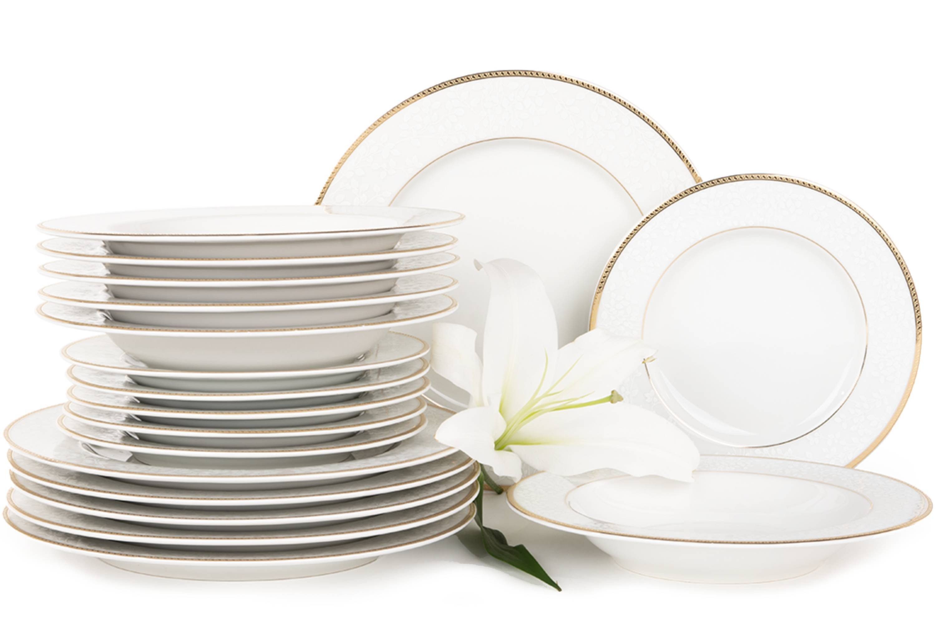 KONSIMO Tafelservice NEW HOLLIS Speiseteller Dessertteller Suppenteller (18-tlg), 6 Personen, Porzellan, rund, Klassisch-Stil