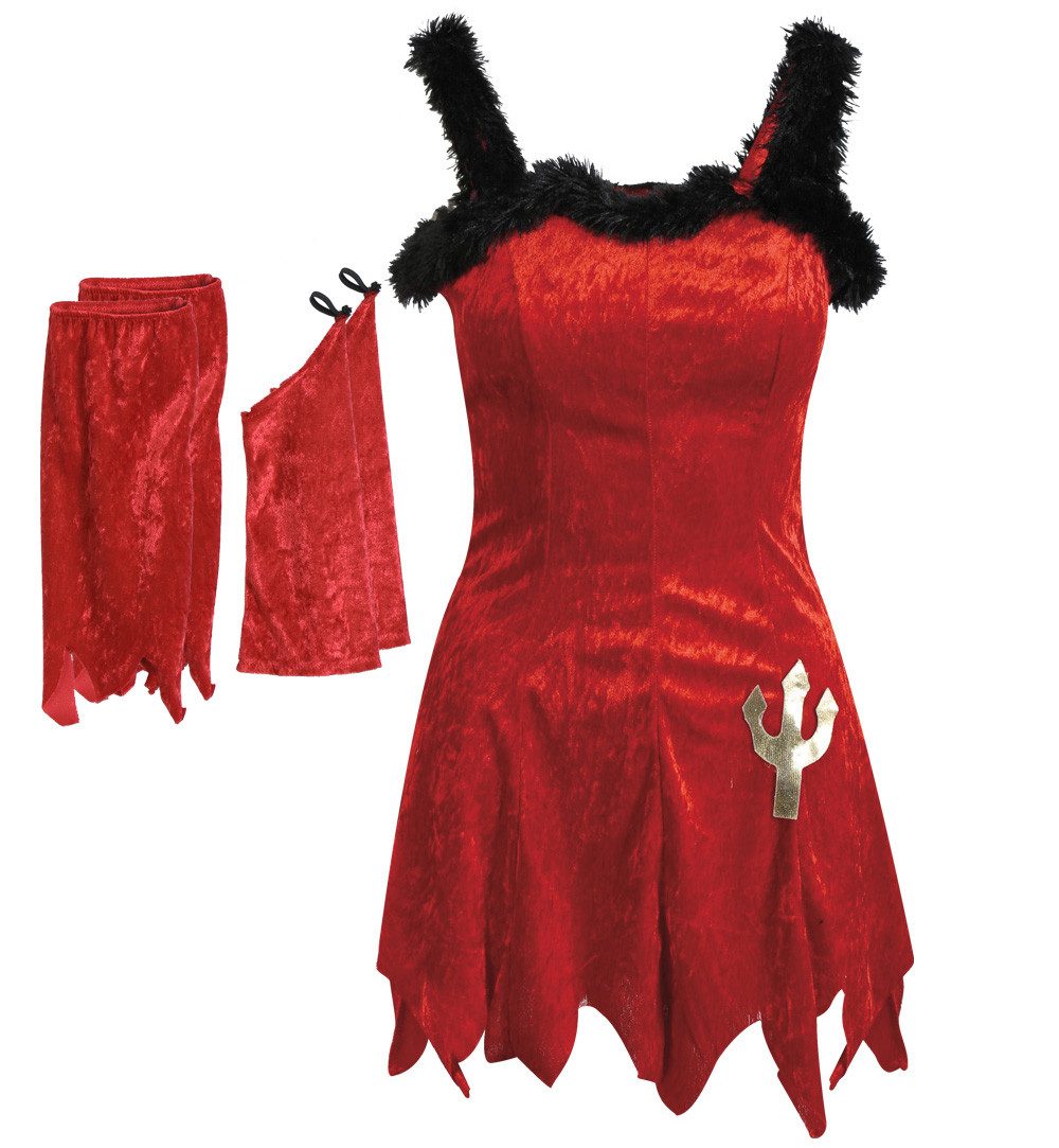 Fries Teufel-Kostüm 3-tlg Teufelin Teufel Kleid mit Schwanz Arm & Beinstulpen Rot