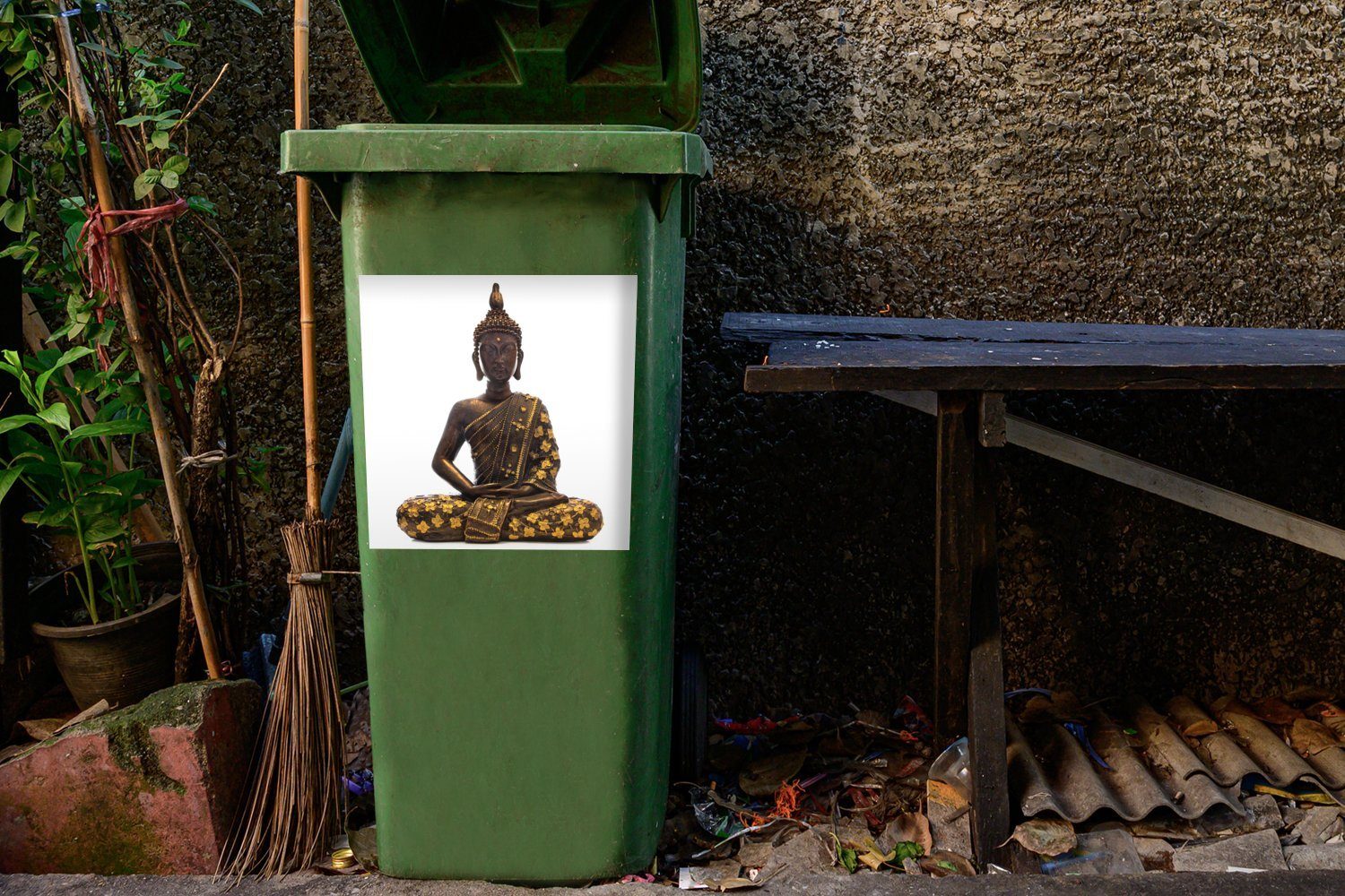 St), (1 Holz Buddha Mülltonne, Wandsticker - Abfalbehälter Weiß - Container, MuchoWow Sticker, Mülleimer-aufkleber,
