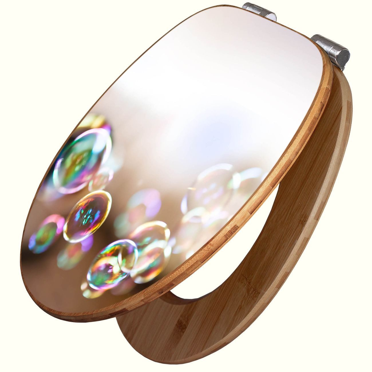 banjado WC-Sitz aus Bambus mit Absenkautomatik Motiv Seifenblasen (umweltfreundliches Material, integrierte Absenkautomatik), 45,8 x 37,5 x 5 cm