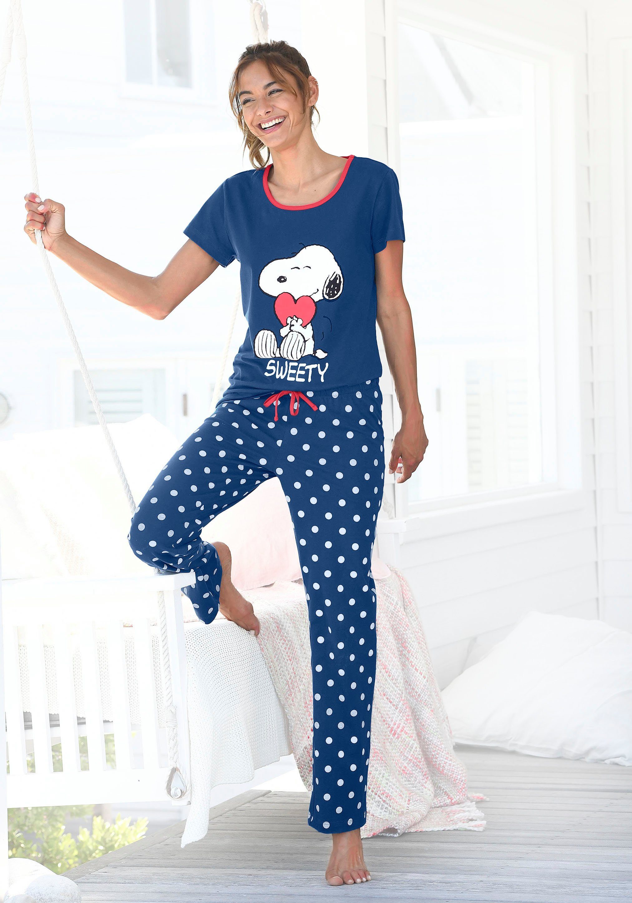 Stück) 1 Snoopy-Druck (2 Pyjama tlg., Pünktchen-Hose PEANUTS mit und