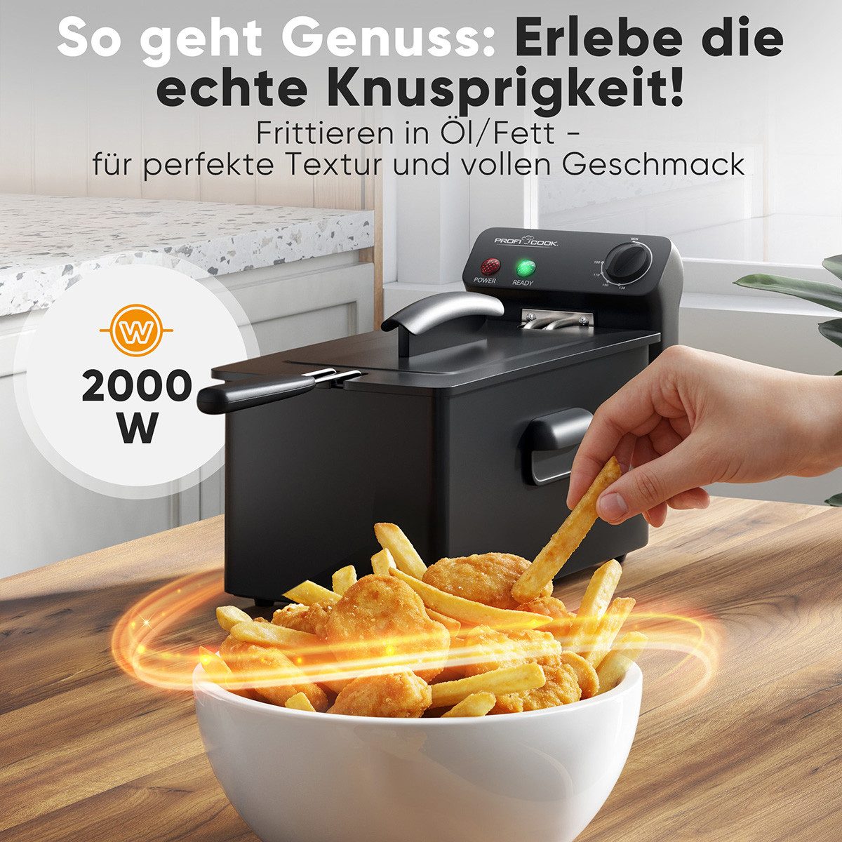 ProfiCook Fritteuse PC-FR 1325, 2000W Friteuse mit Fett, bis190°C, 3L, Kaltzone
