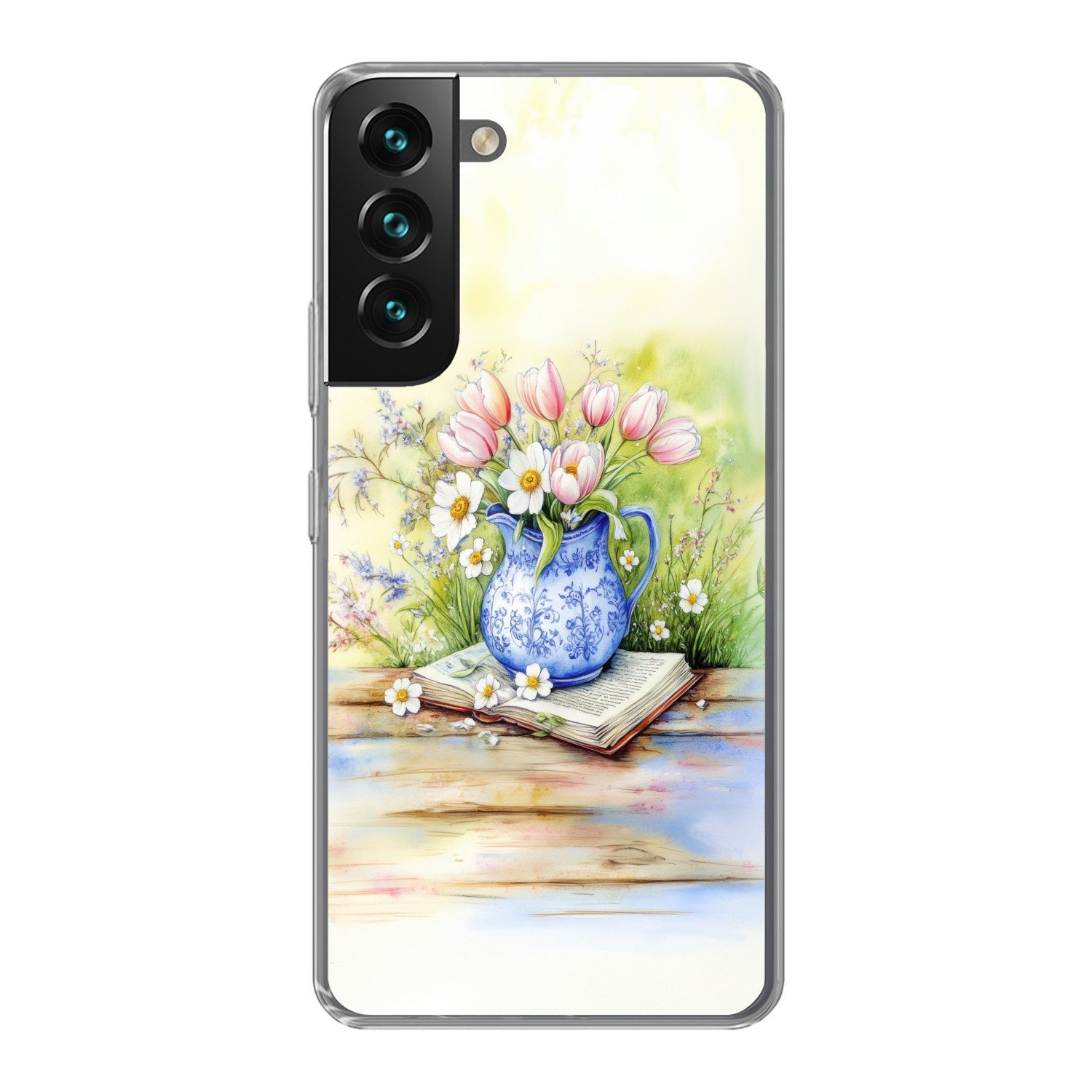 MuchoWow Handyhülle für Samsung Galaxy S22 Vase - Delfter Blau - Gänseblümchen, Phone Case, Silikon, Schutzhülle Dünn
