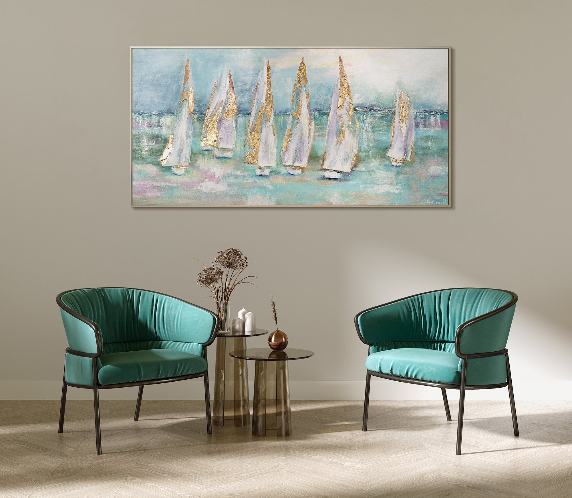 YS-Art Gemälde Segelboote, Meer, Leinwand Meer Mit Bild Türkis in Segelboote Rahmen am Handgemalt Gold Beige