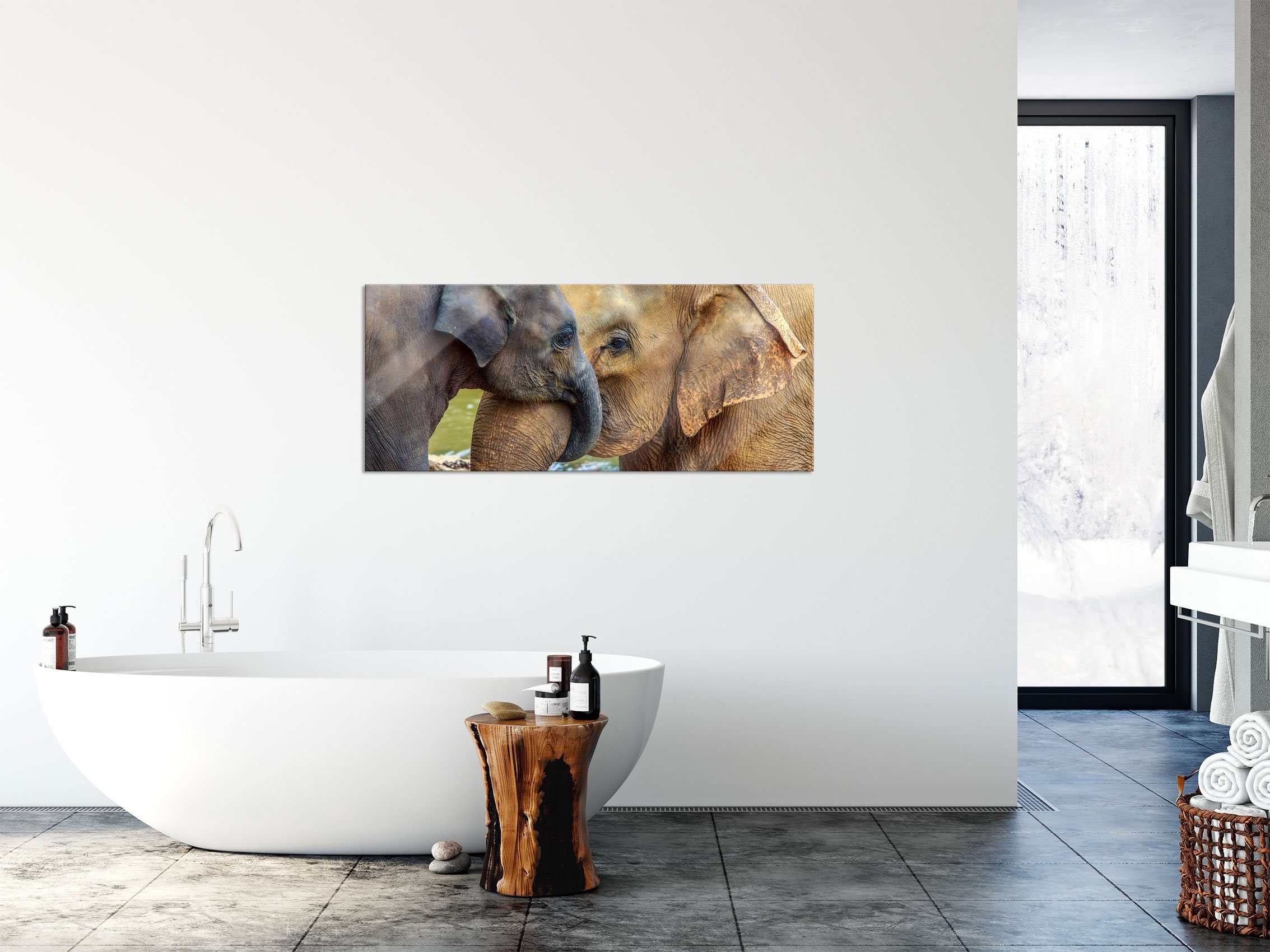 Pixxprint Glasbild Elefantenmutter mit Kalb Aufhängungen inkl. mit St), Glasbild aus Elefantenmutter Kalb, Abstandshalter (1 und Echtglas