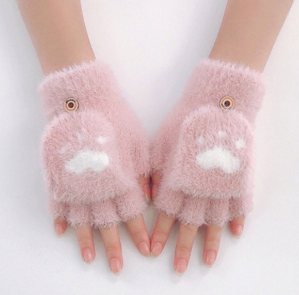 LYDMN Strickhandschuhe Handschuhe Plüsch halber mit Winterhandschuhe, Halb-Finger Handschuhe,rosa Fingerklappe warme Anti-Kälte