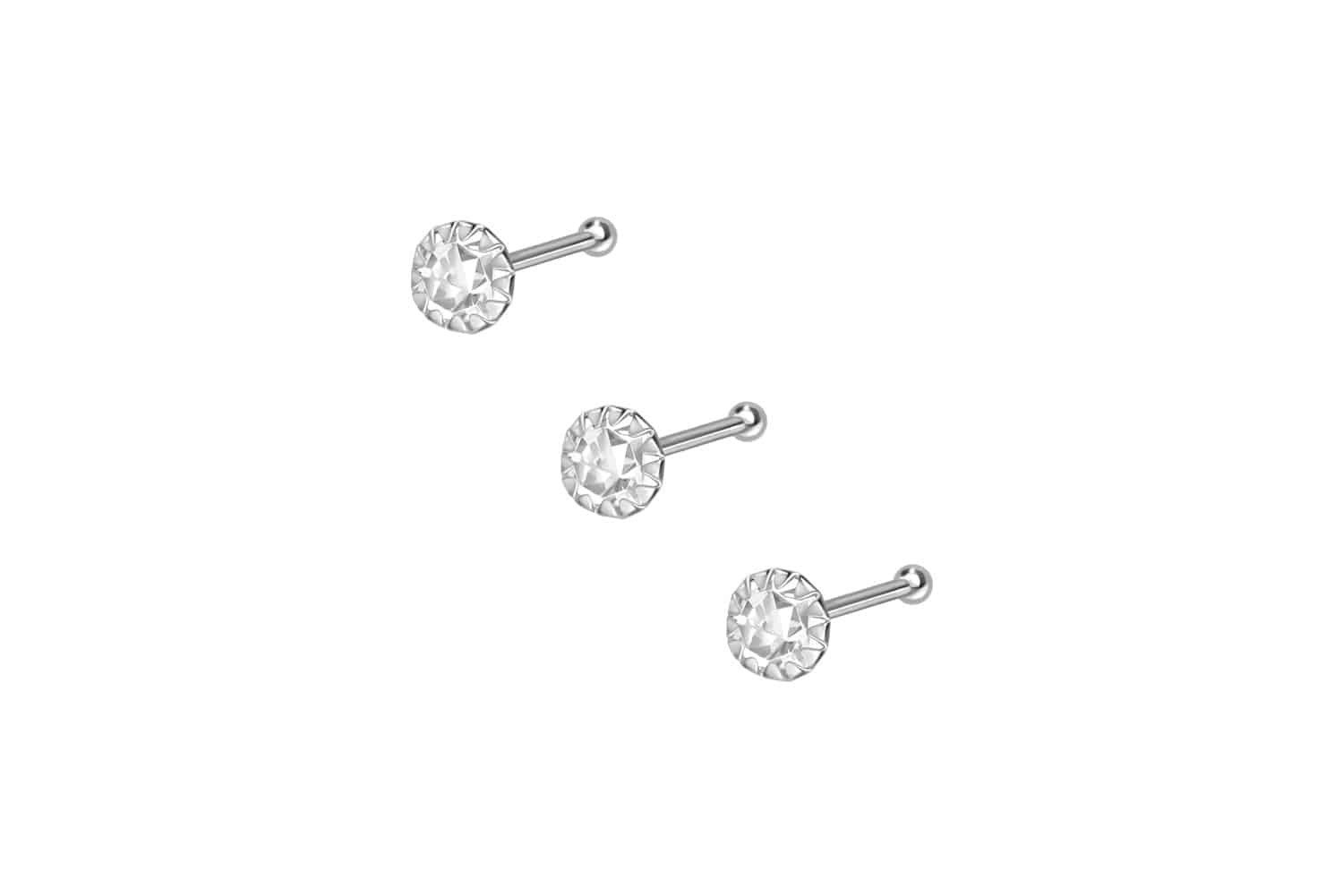 PIERCINGLINE Nasenpiercing SET 925er Silber Nasenstecker Pin EINGEFASSTER KRISTALL (Nasenstecker, 3er SET1 = Kristallklar)