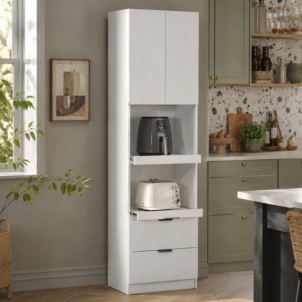 BlingBin Hochschrank Hohe Küchenschränke,Lagerschränke,Multifunktionsschränke 60x45x200cm (1er Set, 1-St., 2 Türen, 2 Schubladen, Ausziehbare Mikrowellenregale, mit Kippschutz) Sideboards Freistehende für Esszimmer, Wohnzimmer, Weiß