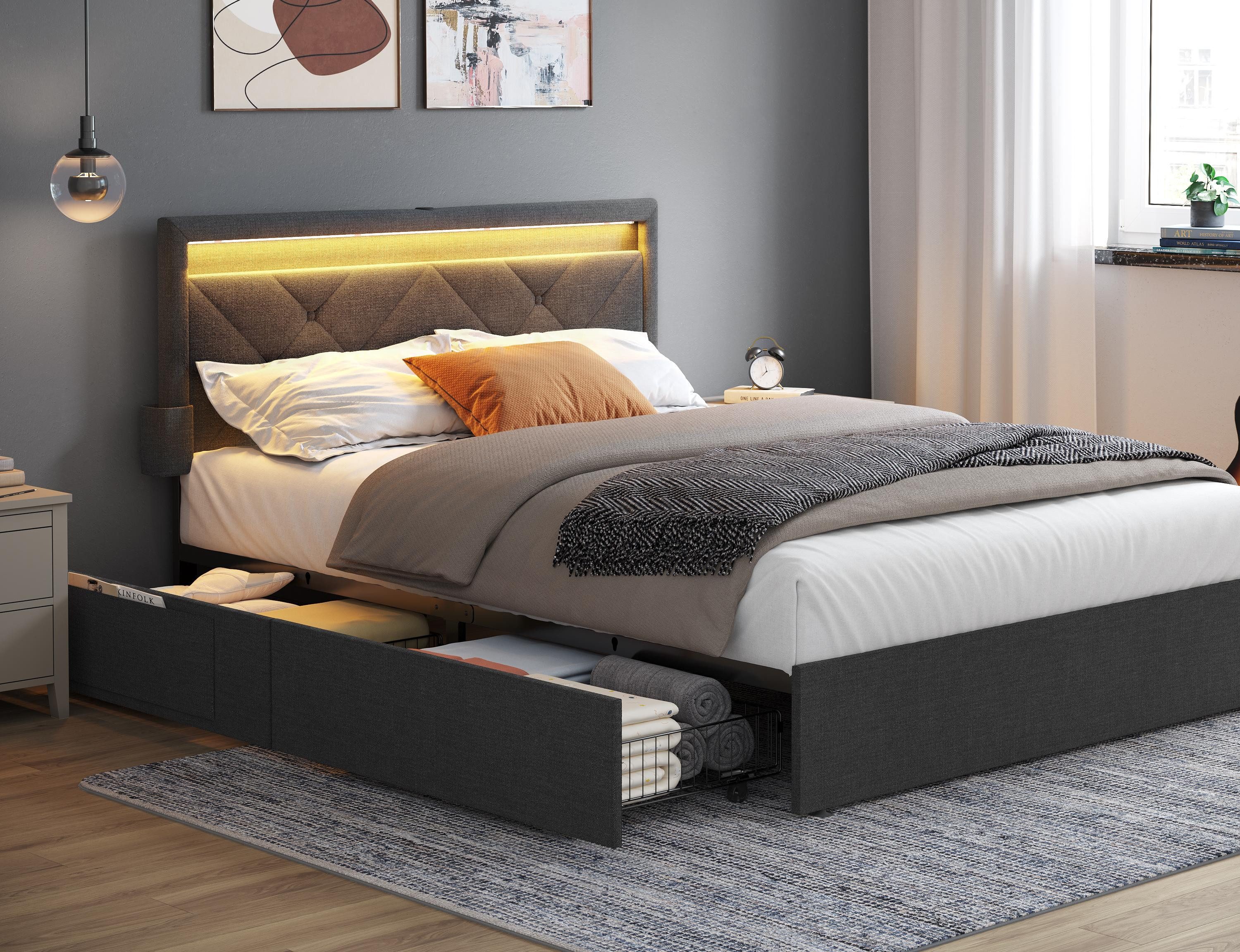 VASAGLE Polsterbett (140 x 200 cm, 4 Schubladen, verstellbares gepolstertes Kopfteil), LED, Ladestation, Bettgestell