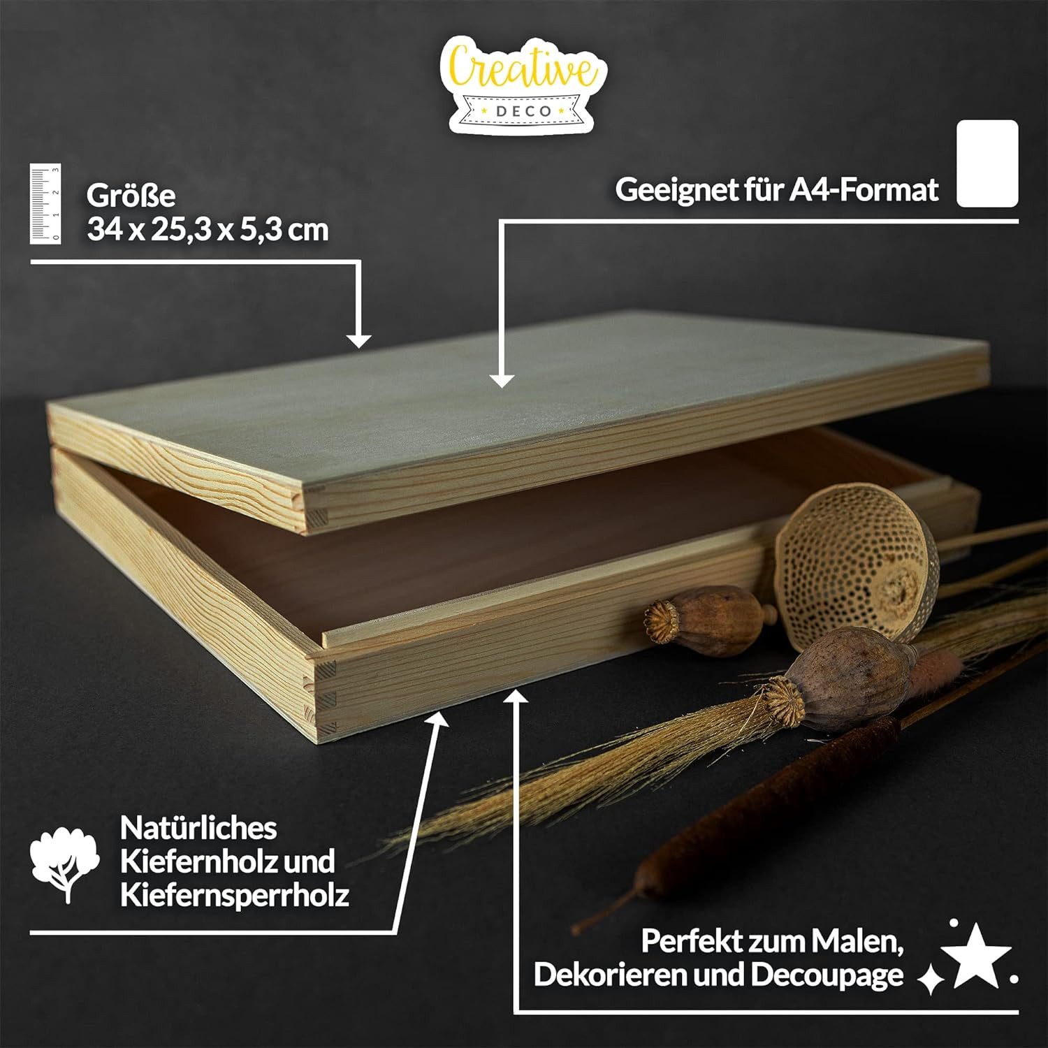 Creative Deco Holzkiste A4 mit Deckel Unlackierte Aufbewahrungsbox, Holzbox Ideale Schatulle zur Lagerung der Wertsachen, Dokumente